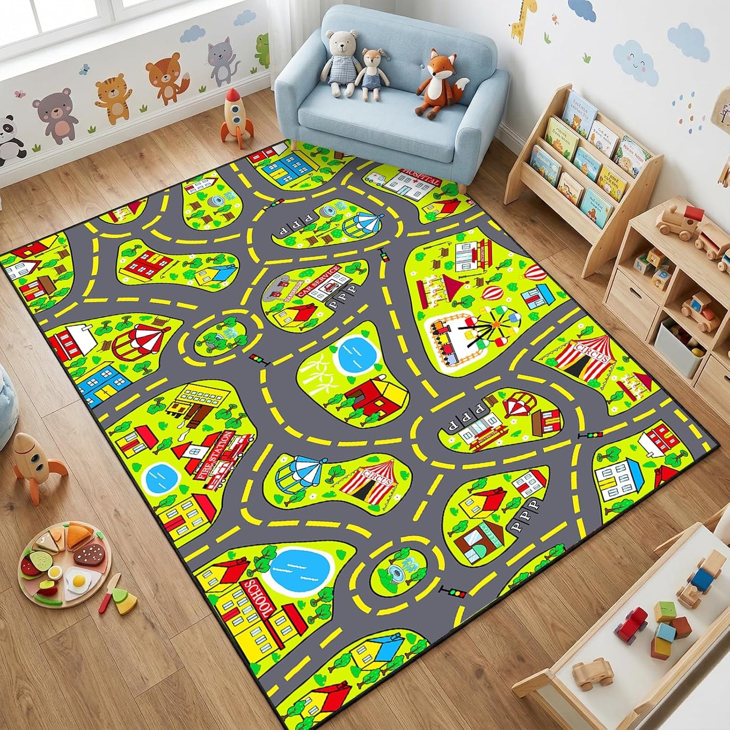 5x7 ft Kids Car Rug - Large Blue Traffic Road Play Mat for Cars, Educational City Play Carpet for Playroom, Nursery & Bedroom Decor
