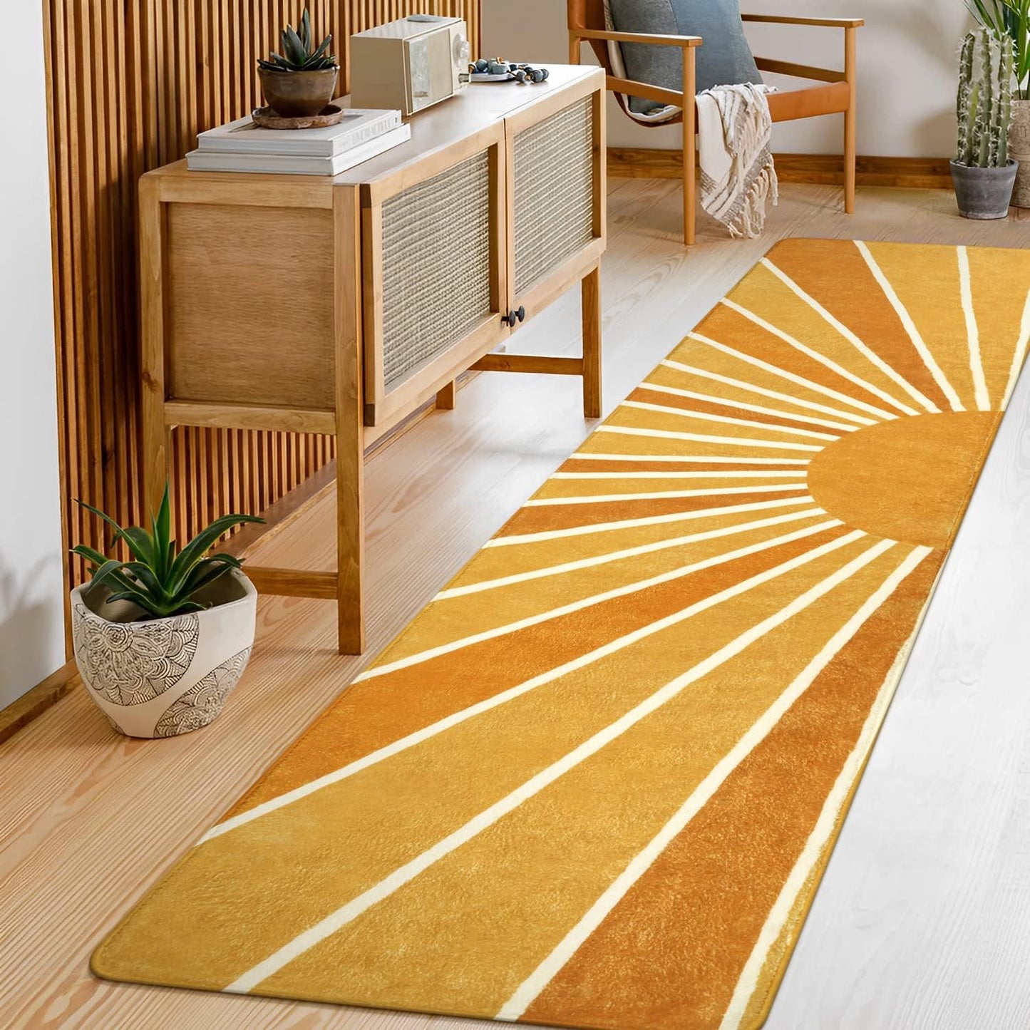 Lahome Boho Round Rugs - 4Ft Washable Non-Slip Small Round Area Rug Throw Soft Sofa Kids Nursery Room Rug Rainbow Sun Print Distressed Round Carpet for Bedroom Entryway Living Room Dining Room