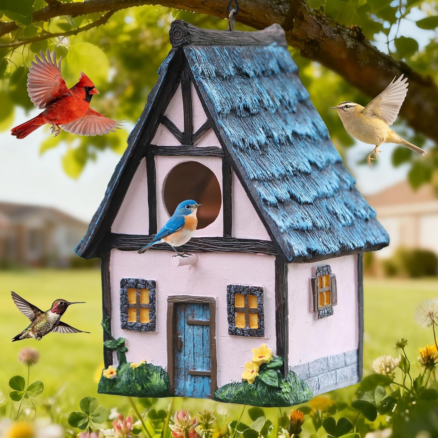 Bird Houses for Outside Bird Nesting Design Resin Birdhouse, Garden Outdoor Decor Bird House with Flower and Leaf Details, Birdhouses for Outdoors for Bluebird Finches Cardinals