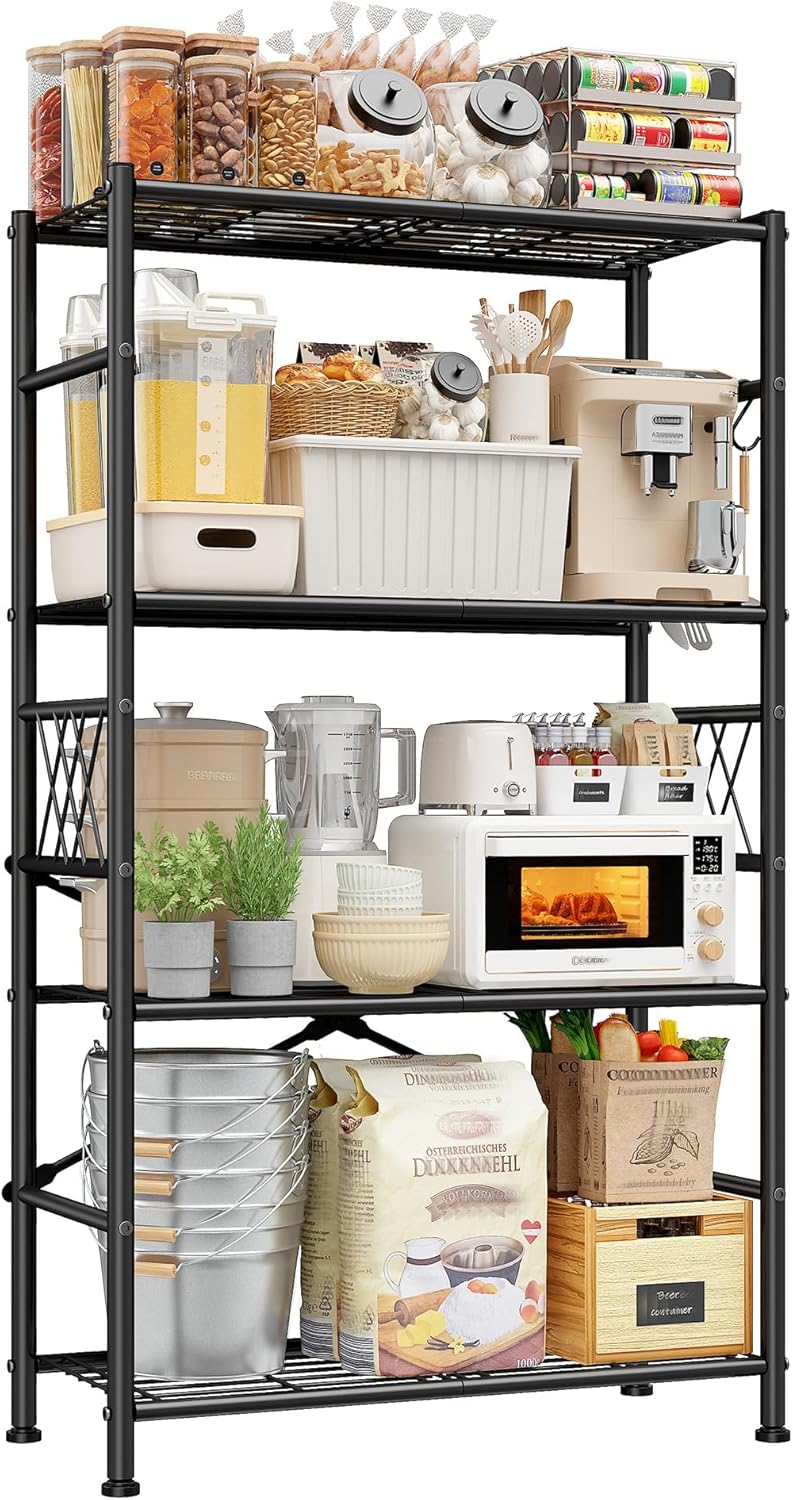 Storage Shelves 5-Tier Large Capacity Wire Shelving with Hooks, Heavy Duty Garage Shelving Unit with Leveling Feet, Stable Metal Shelf for Pantry, Kitchen and Closet, 72" H x 36" W x 12" D, Black