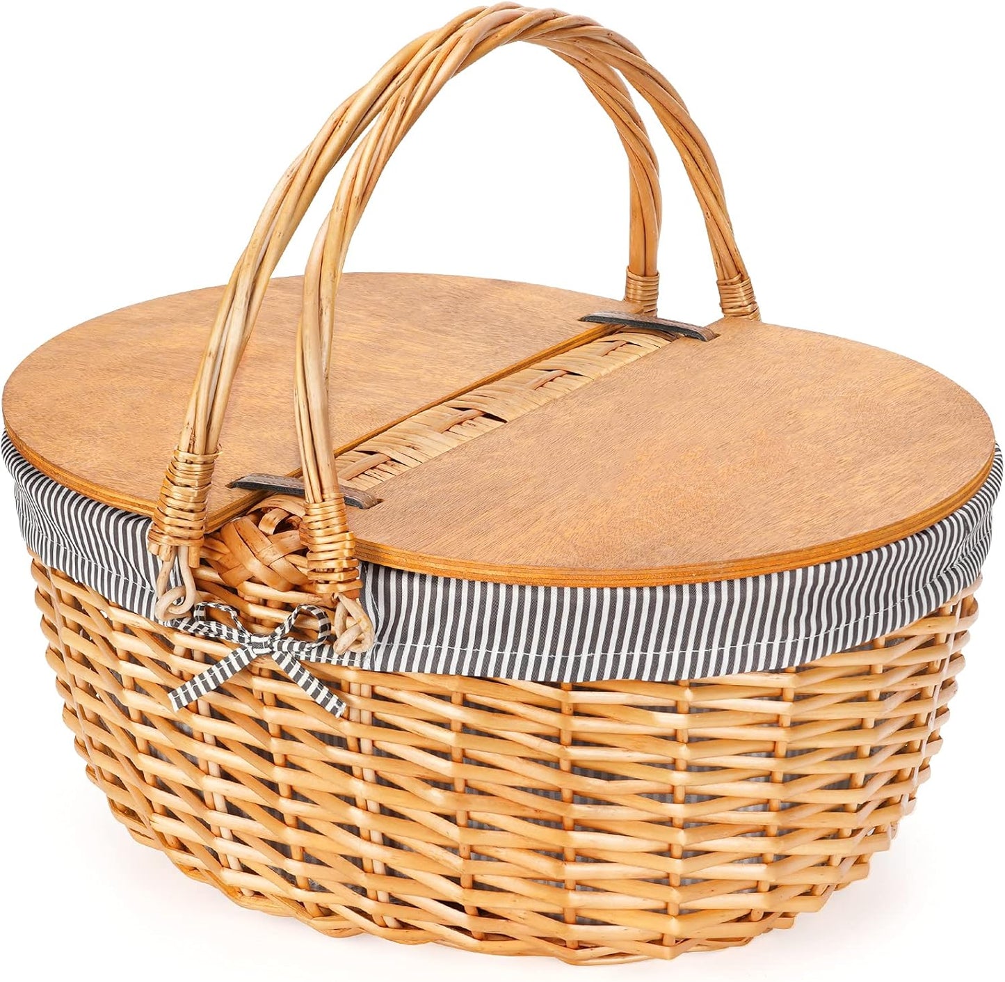 Wicker Picnic Basket with Removable Liner, Empty Picnic Baskets with Lid, Vintage-Style Picnic Hamper with Folding Woven Handle for Picnic, Camping, Outdoor, Halloween, Thanks Giving, Birthday (Cream)