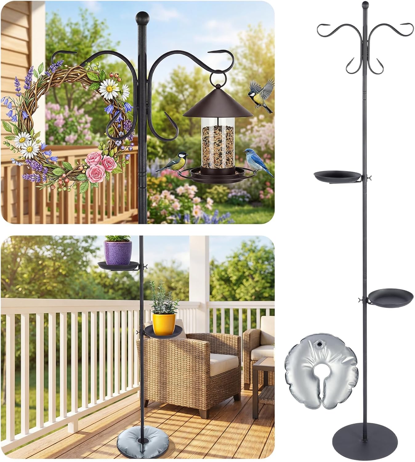 1 Set Upgraded 75.9" Shepherds Hook for Bird Feeder, Hanging Plant Wind Chime Stand, Metal Adjustable Standing Pole Holder for Indoor Outdoor, with 2 Rack & Weight Bag (Classic 2 Hooks)