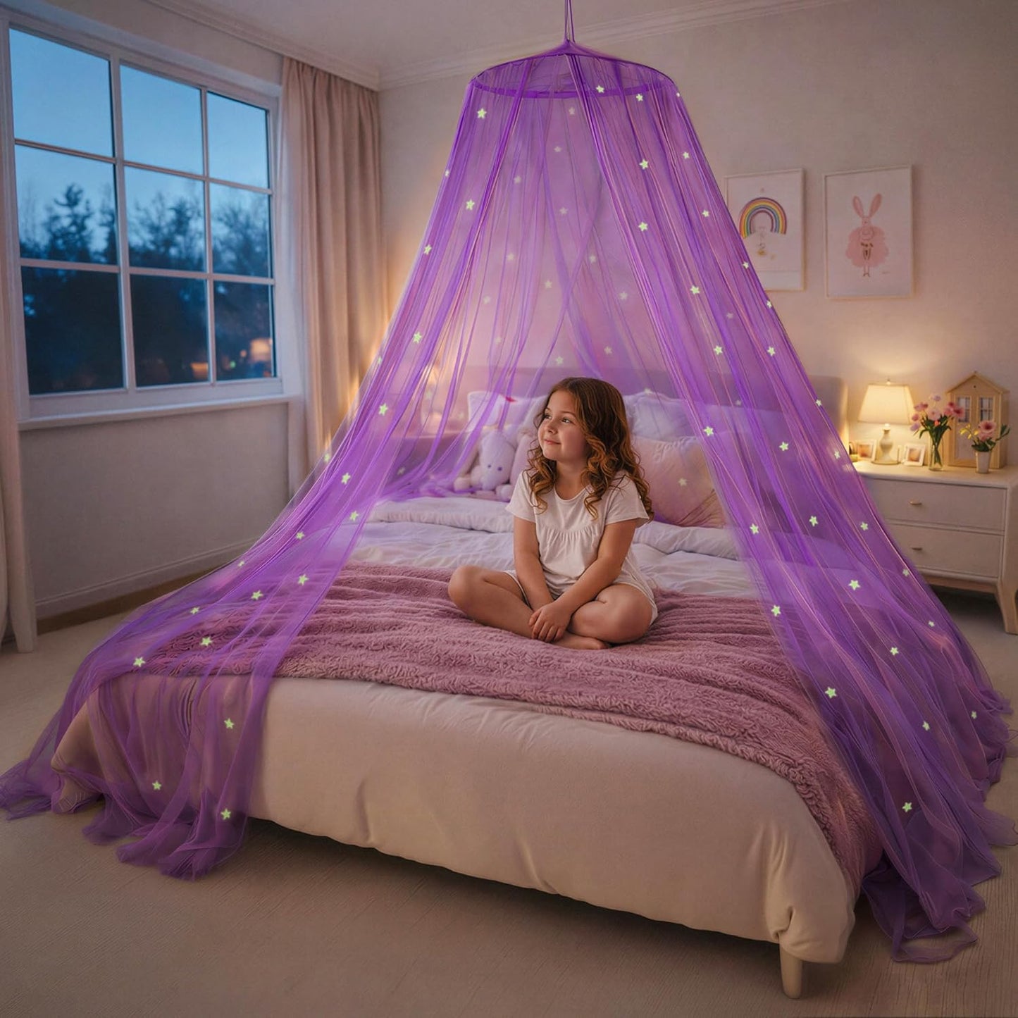 Pink Bed Canopy for Girls with Glowing Stars - Premium Canopy Bed Curtains | Fits Single, Twin, Full, Queen Size Kids Bed, Princess Netting Room Decor, Ceiling Tent to Cover Toddler, Canopy for Bed
