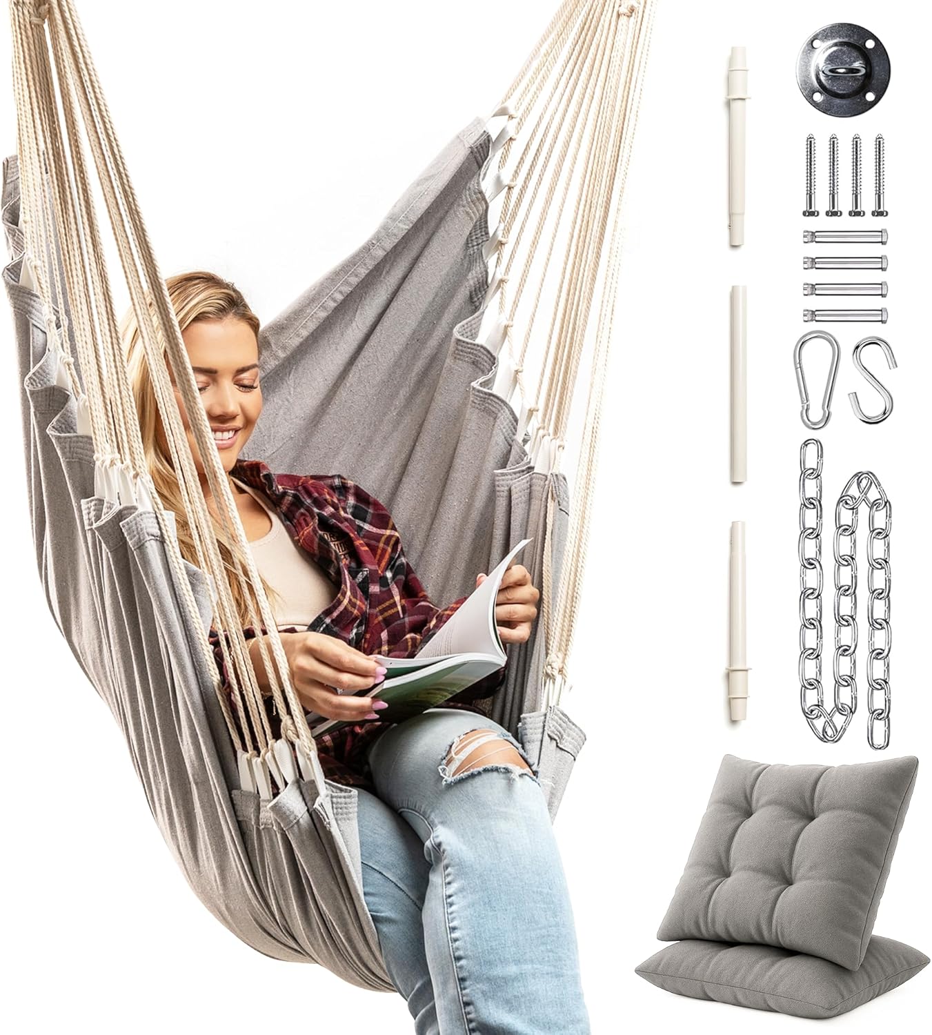 Hanging Hammock Chair Swing – Hanging Chair Outdoor & Indoor - Hammock Swing Chair – Quick & Easy Setup with Hardware Kit – Durable & Spacious Full Body Support – Holds 440 Lbs