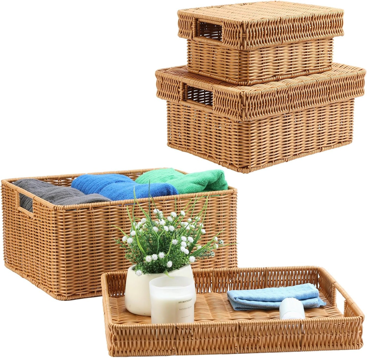 Wicker Storage Basket with Lid - Woven Storage Basket for Organizing,Rectangular Decorative Boxes Bins with Lids for Shelves, living room, Nursery, 2-Piece Set(Natural)