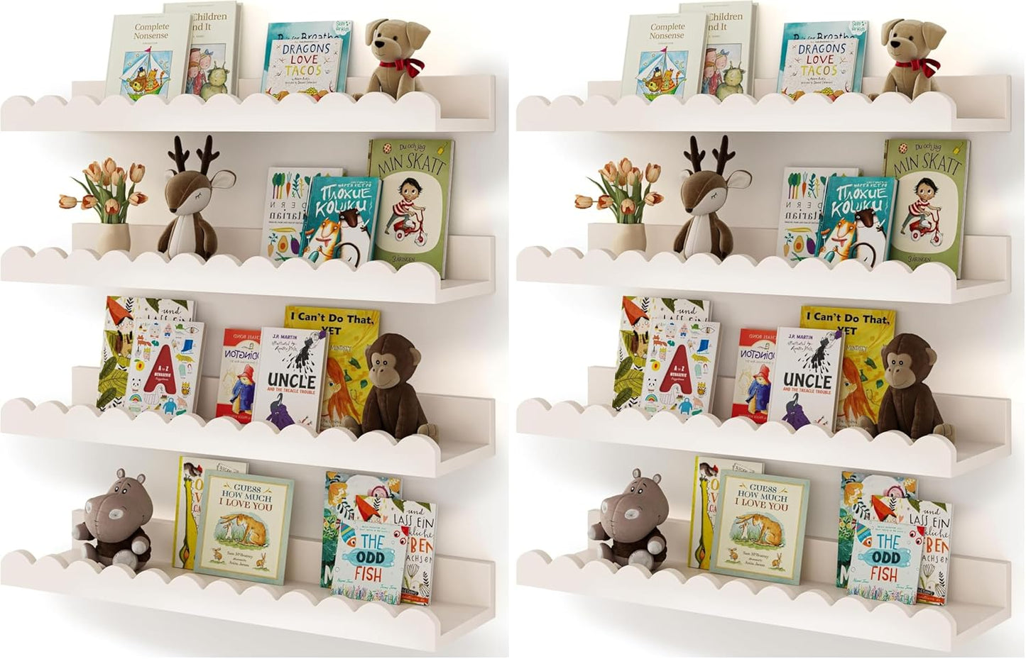 Shario Nursery Book Shelves, 4-Pack White Floating Shelves for Wall Kids, Scalloped Shelves, Wall Book Shelves for Bedroom Kids, Toddler Room, Baby Room, Nursery Decor