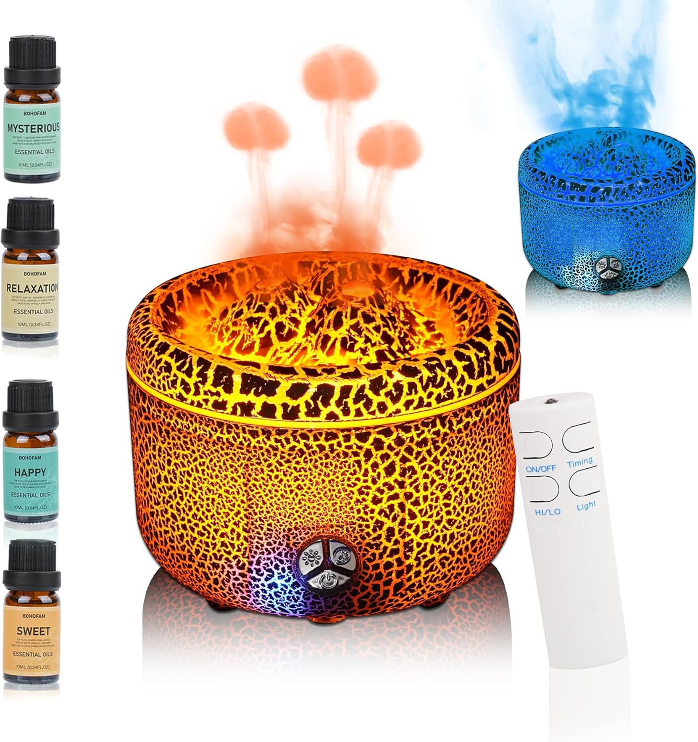 BOHOFAM Aroma Essential Oil Diffuser 360 ML,Volcano and Flame Diffuser/Humidifier,give1.76 oz Hotel Collection Essential Oils,Blue/red Light Selection,Diffusers for Home,Large Room(Black Cracks)