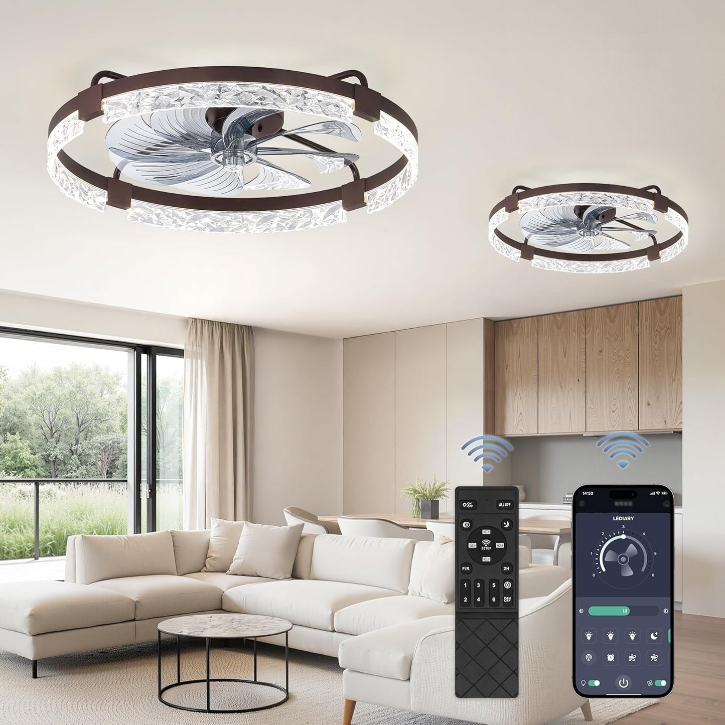 LEDIARY 20 Inch Low Profile Ceiling Fans with Lights and Remote, Fandelier Ceiling Fan Flush Mount, 3000K-6000K Dimmable LED Fan Light, White Modern Ceiling Fans with Lights for Bedroom