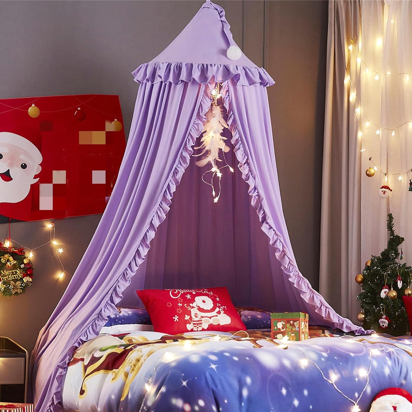 VETHIN Bed Canopy for Girls,Princess Round Dome Dreamy Mosquito Net Bedding Girls Room Castle Play Tent Hanging House Decor Reading Nook Canopies (JujubeRed)