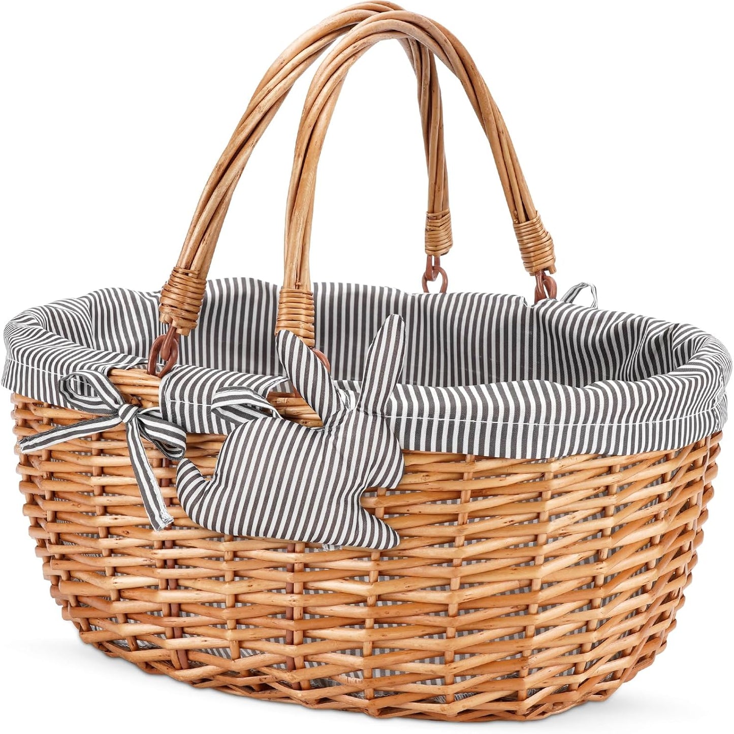 G GOOD GAIN Wicker Picnic Basket with Double Folding Handles,Willow Picnic Hamper,Natural Hand Woven Easter Basket,Easter Eggs and Candy Basket,Bath Storage,Gift Packing Basket.White