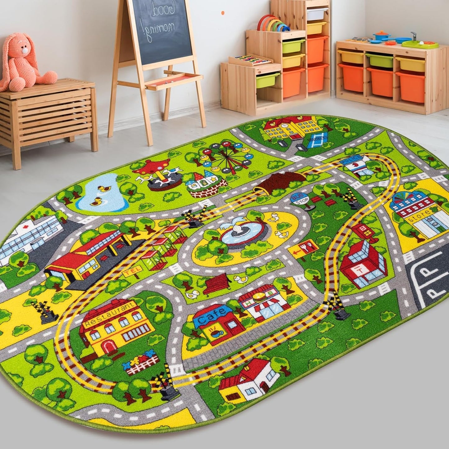 Booooom Jackson Car Rug with Exquisite Box,Washable Rug Kids Area Rug Play Mat 60"x32",Train Track Car Mat,Children Non Slip City Road Floor Carpet for Playroom Bedroom Kids Room