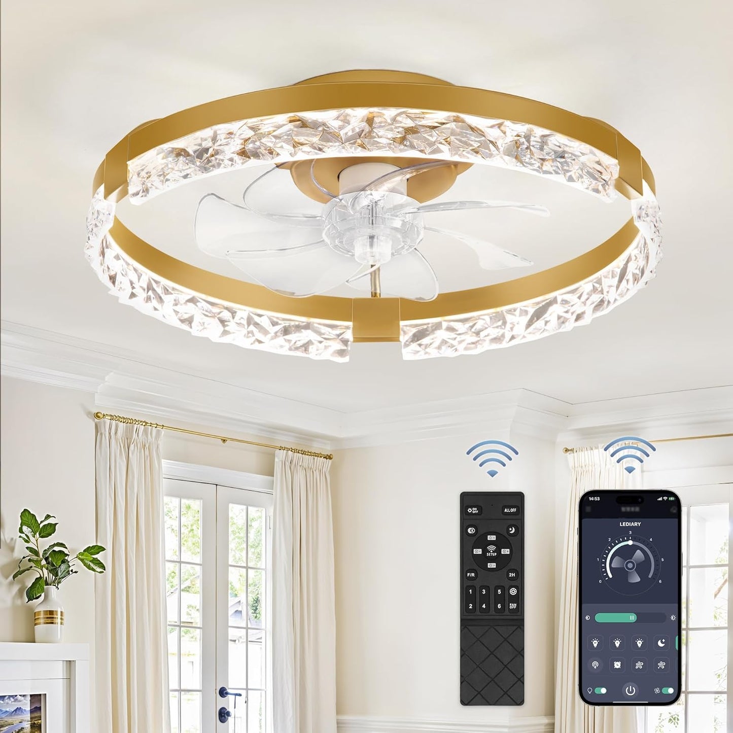 LEDIARY 20 Inch Low Profile Ceiling Fans with Lights and Remote, Fandelier Ceiling Fan Flush Mount, 3000K-6000K Dimmable LED Fan Light, White Modern Ceiling Fans with Lights for Bedroom
