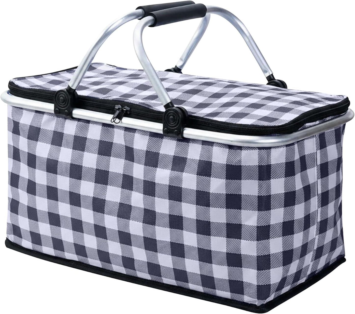 Insulated Picnic Basket，Collapsible Picnic Basket，30L Large Market Basket with Lid，2 Sturdy Handles，Storage Basket for Picnic，for Food Delivery，Take Outs，Market Shopping，Travel(Yellow Grid)