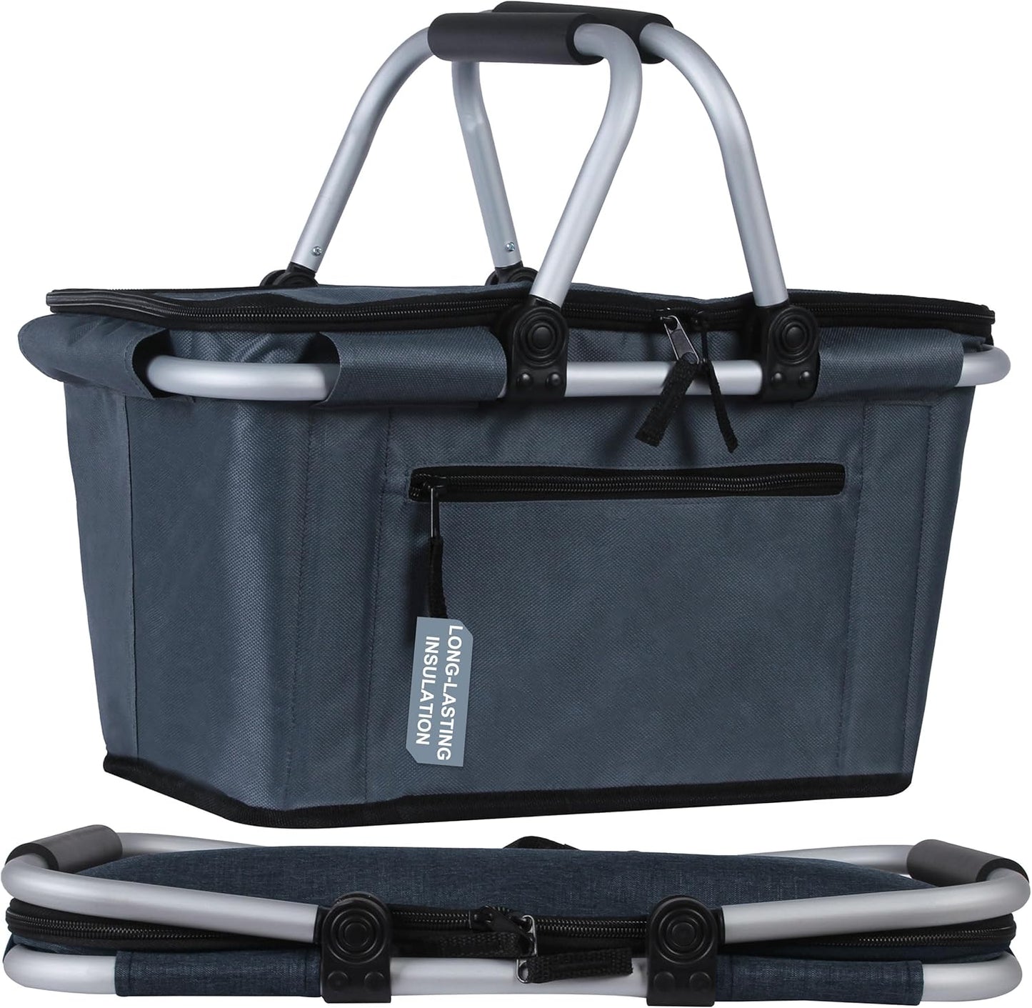 Picnic Basket, SIYUAN Collapsible Shopping Basket with Lid 27L Large Market Basket with Handles Reusable Folding Grocery Basket Insulated Cooler Bag for Picnic Travel, Blue