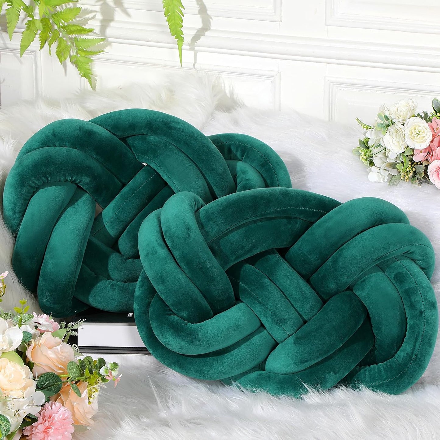 Sintuff Set of 2 Velvet Knot Pillow Ball 14 x 16 Inch Soft Decorative Knotted Throw Pillow for Christmas Thanksgiving Couch Home Sofa Bedroom Decor to Add Comfort and Style(White and Gray)