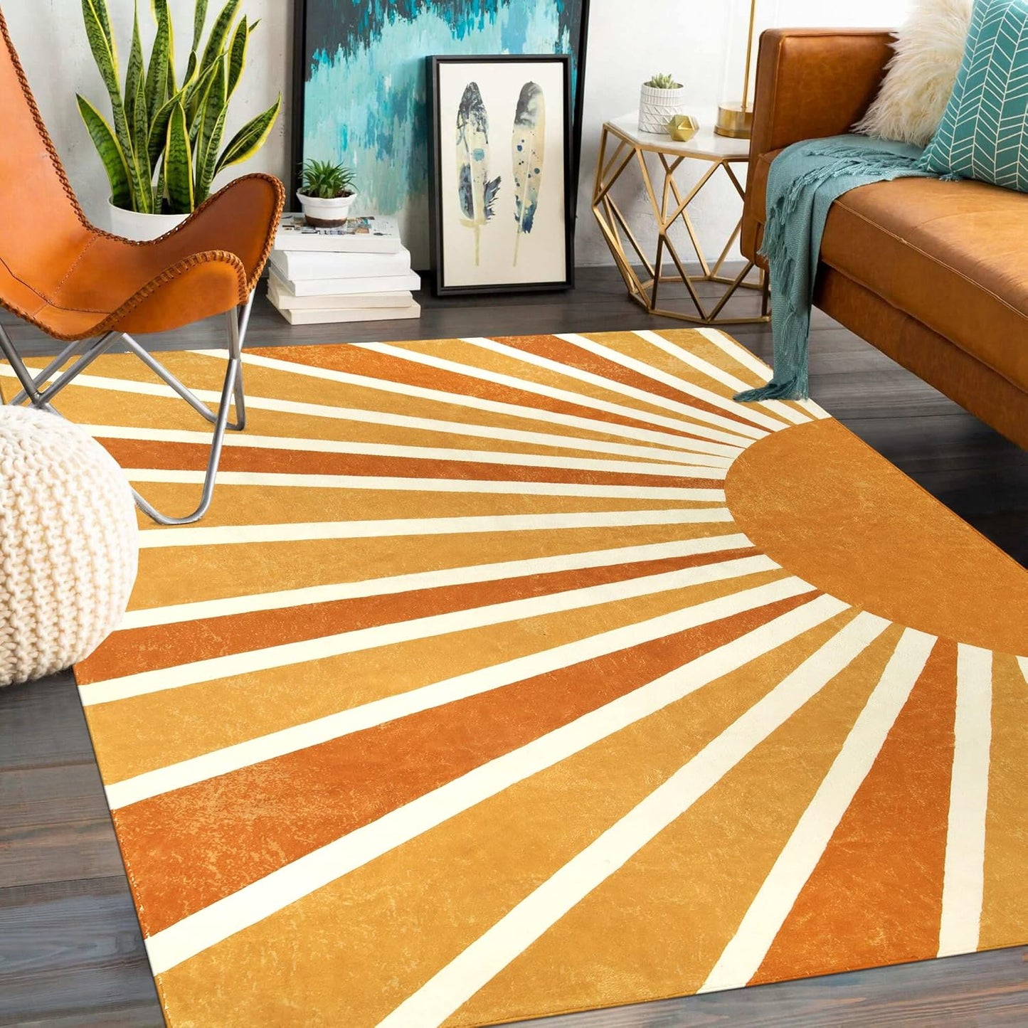 Lahome Boho Round Rugs - 4Ft Washable Non-Slip Small Round Area Rug Throw Soft Sofa Kids Nursery Room Rug Rainbow Sun Print Distressed Round Carpet for Bedroom Entryway Living Room Dining Room