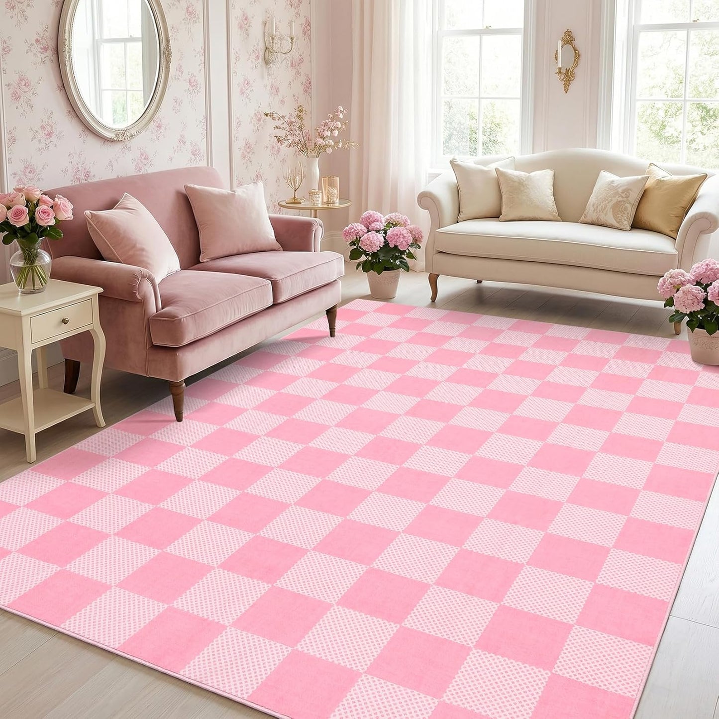 Checkered Sage Green 4x6 Washable Rug Geometric Diamond Dot Modern Soft Low-Pile Girls Small Rug for Bedroom Nursery Living Room Entryway Non-Slip TPE Backing