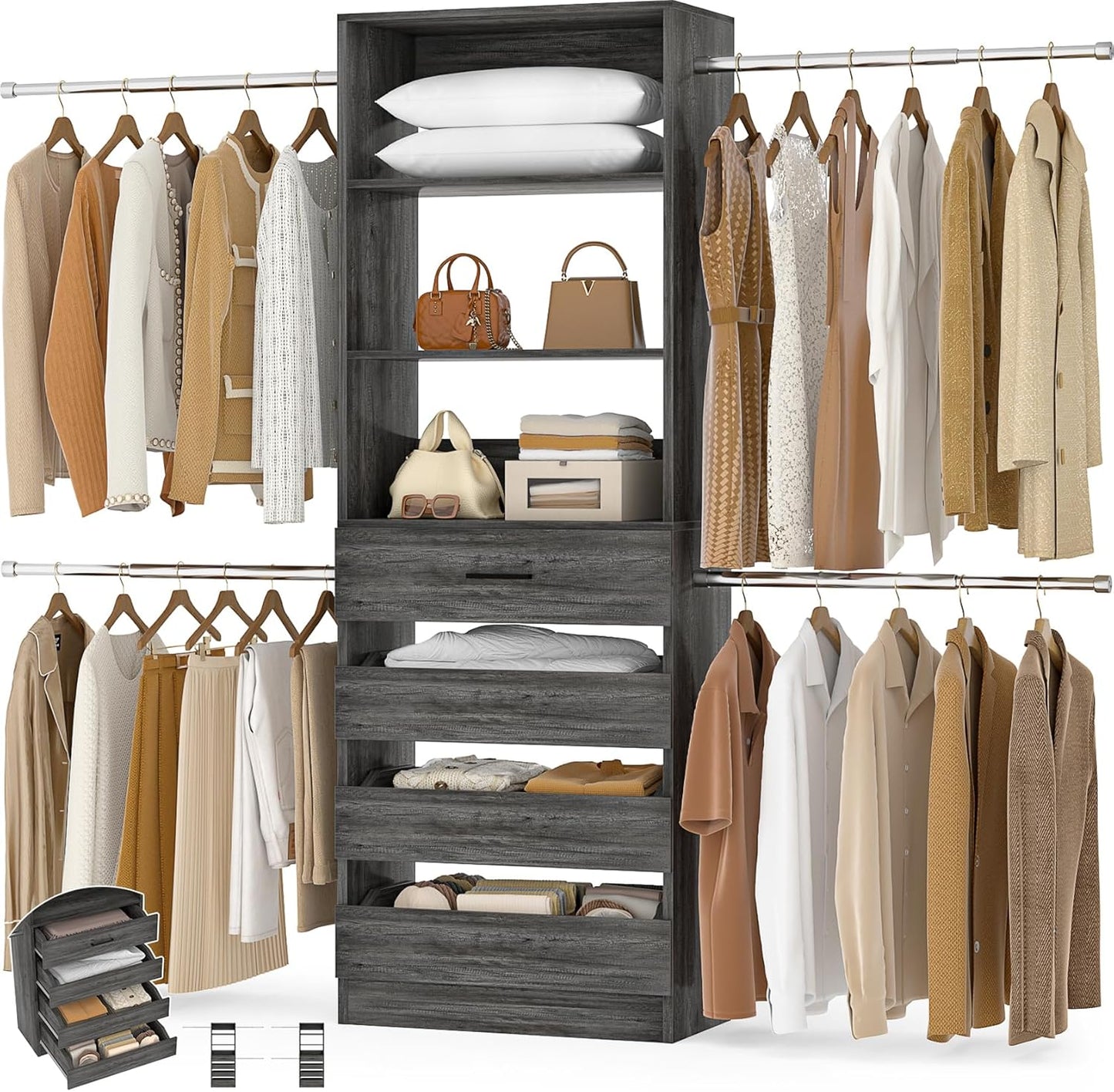Aheaplus Closet System, 4-9Ft Closet Organizer with 4 Wooden Drawers, Wood Closet Organizer System with Tower, Walk-in Closet Organizer Wardrobe Clothes Rack with 4 Hanging Rods, Garment Rack, White