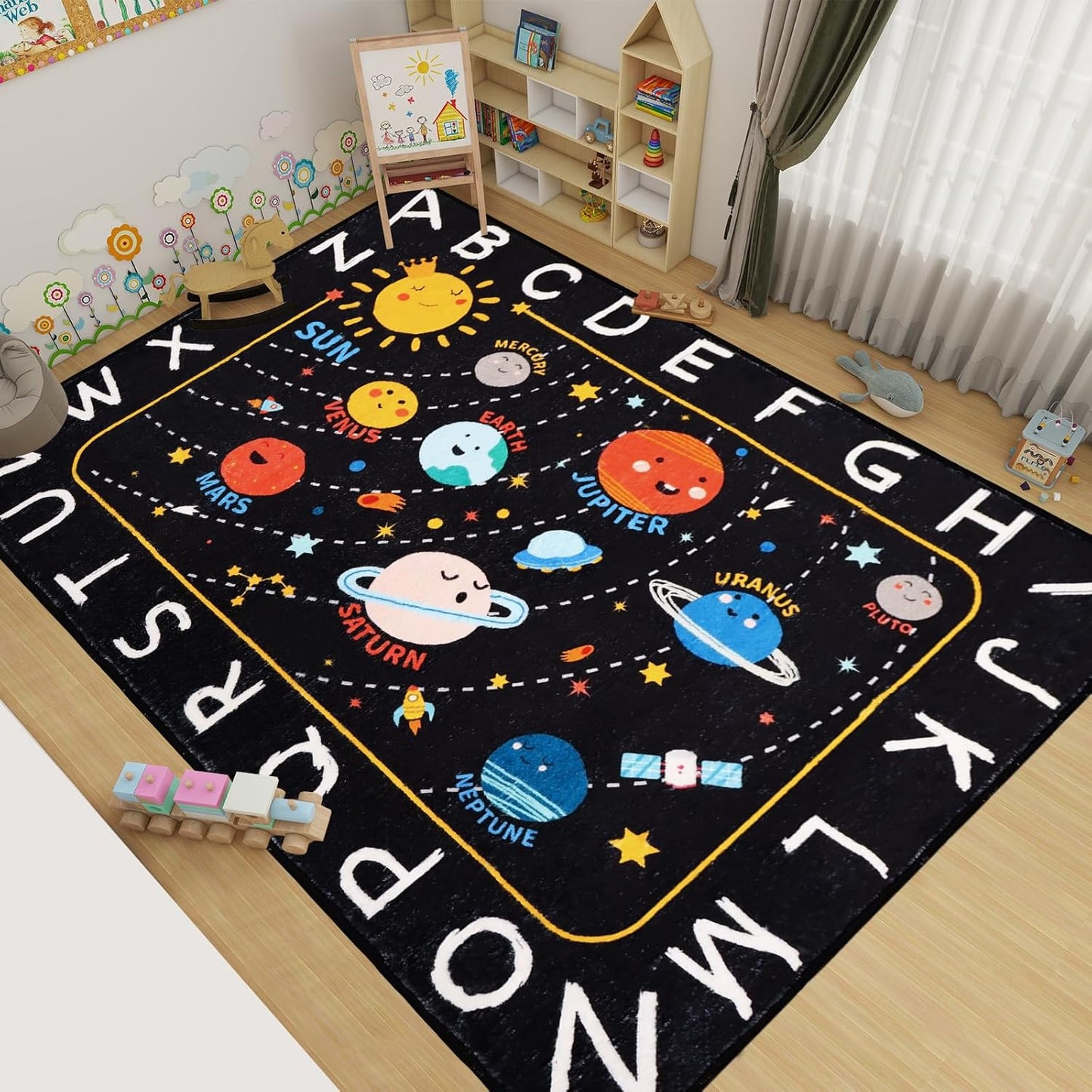 Round ABC Kids Rug,4 Ft Soft Circle Alphabet Playroom Rug,Washable Non-Slip Solar System Kid Play mat,Space Educational Rugs Kids Carpet for Classroom Playroom Bedroom Kids Room Decor