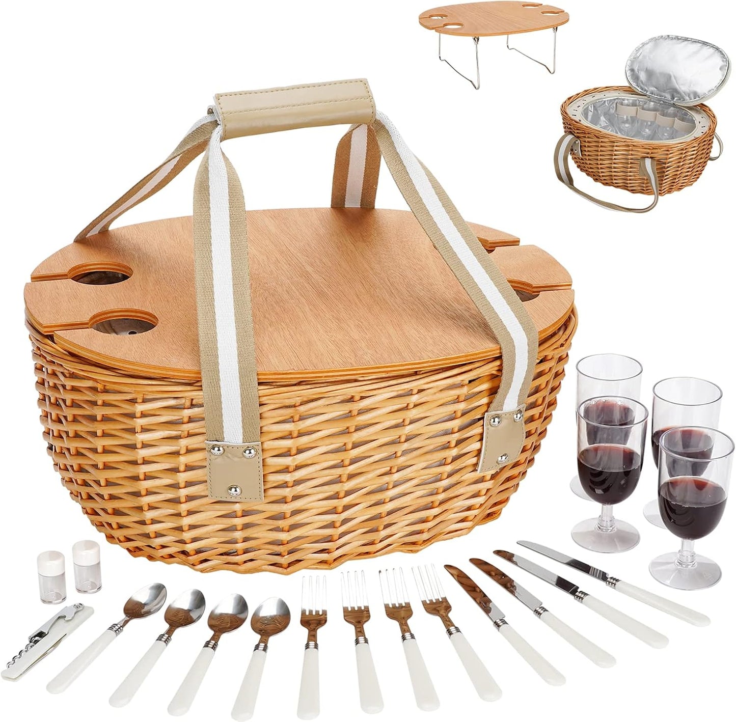 STBoo Picnic Basket for 4, Insulated Wicker Hamper with Folding Table, Willow Picnic Baskets Set with Large Insulated Cooler Bag for Camping Outdoor (Stripe)