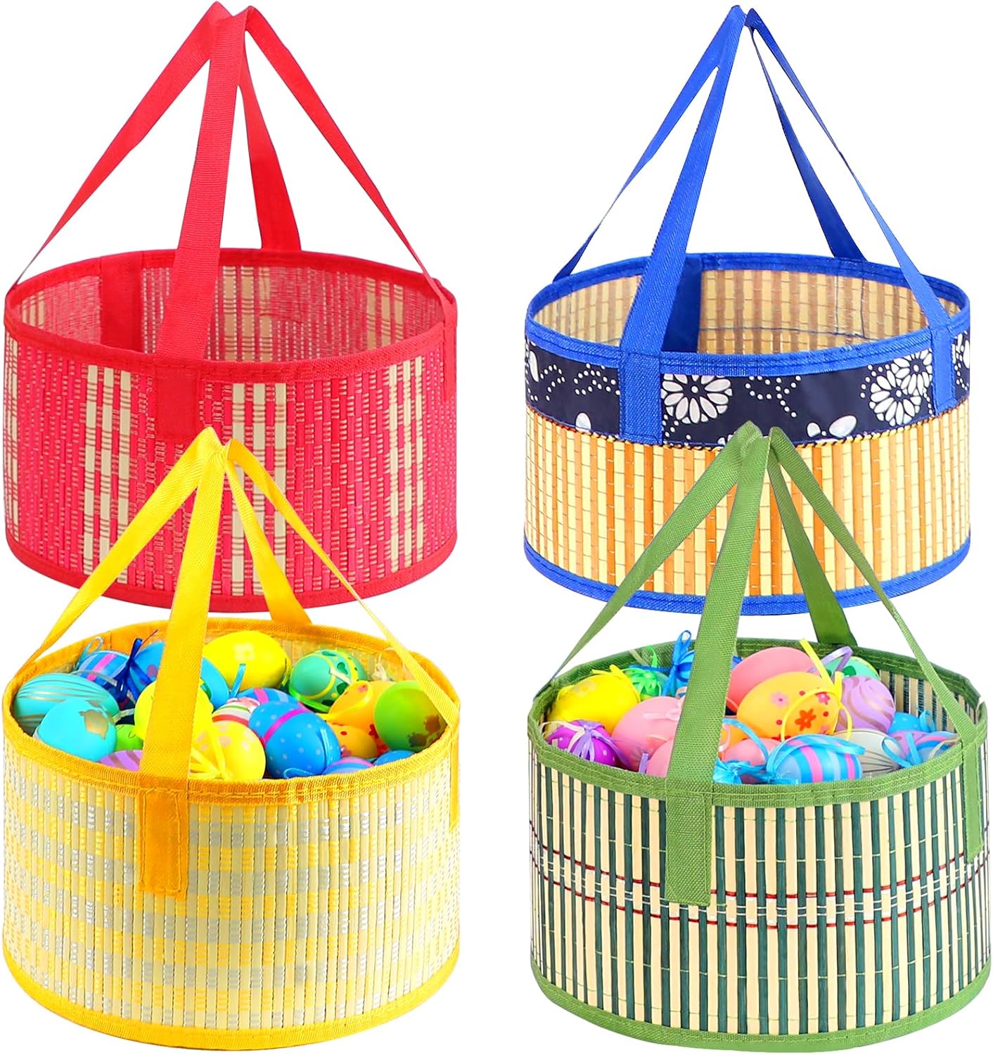 Foldable Easter Woven Bamboo Baskets Empty, 4 Pcs Easter Basket Bulk Set with Handle, Large Easter Baskets for Easter Egg Hunt Party Favor Picnic Supplies Gift Packing - Red Yellow Green Blue