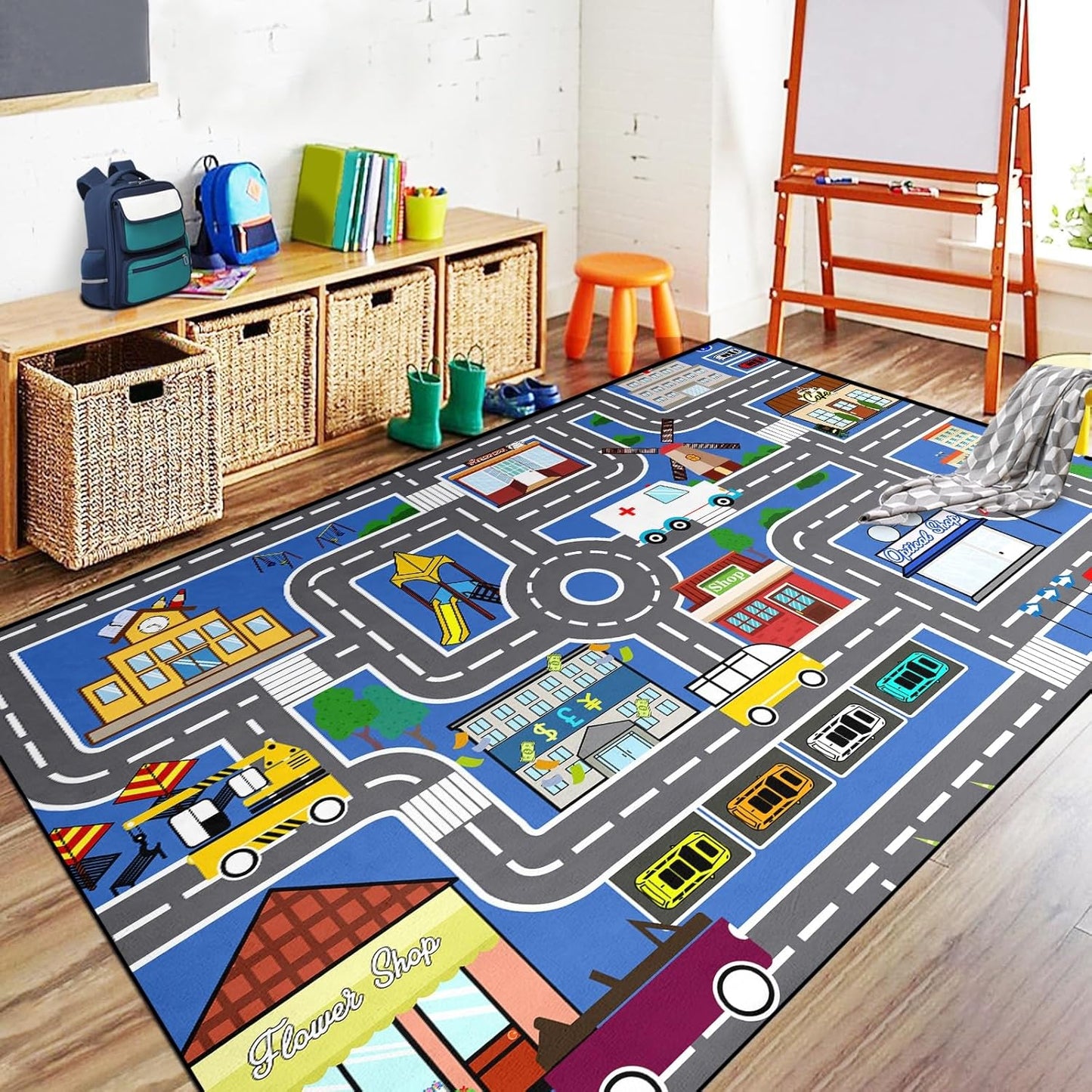 5x7 ft Kids Car Rug - Large Blue Traffic Road Play Mat for Cars, Educational City Play Carpet for Playroom, Nursery & Bedroom Decor