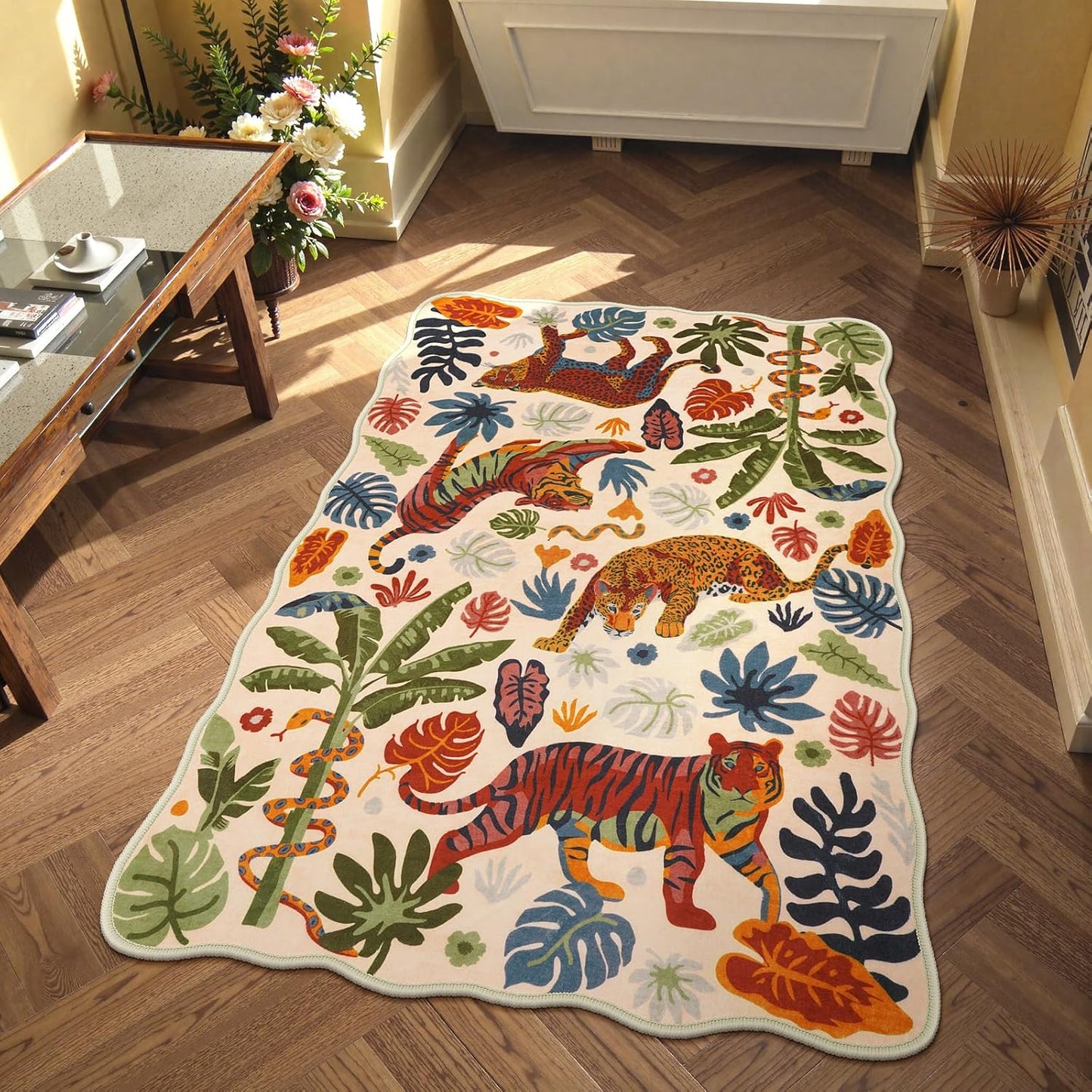 LEEVAN Jungle Animal Nursery Rugs 5x7, Washable Green Tiger Living Room Rugs Non Slip Scalloped Tiger Bedroom Rug, Low Pile Leopard Floor Carpet Leaf Print Kids Rug