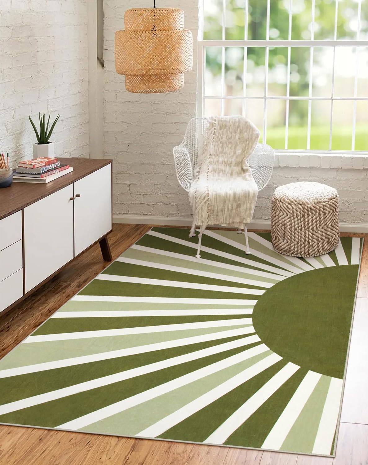 Lahome Boho Round Rugs - 4Ft Washable Non-Slip Small Round Area Rug Throw Soft Sofa Kids Nursery Room Rug Rainbow Sun Print Distressed Round Carpet for Bedroom Entryway Living Room Dining Room
