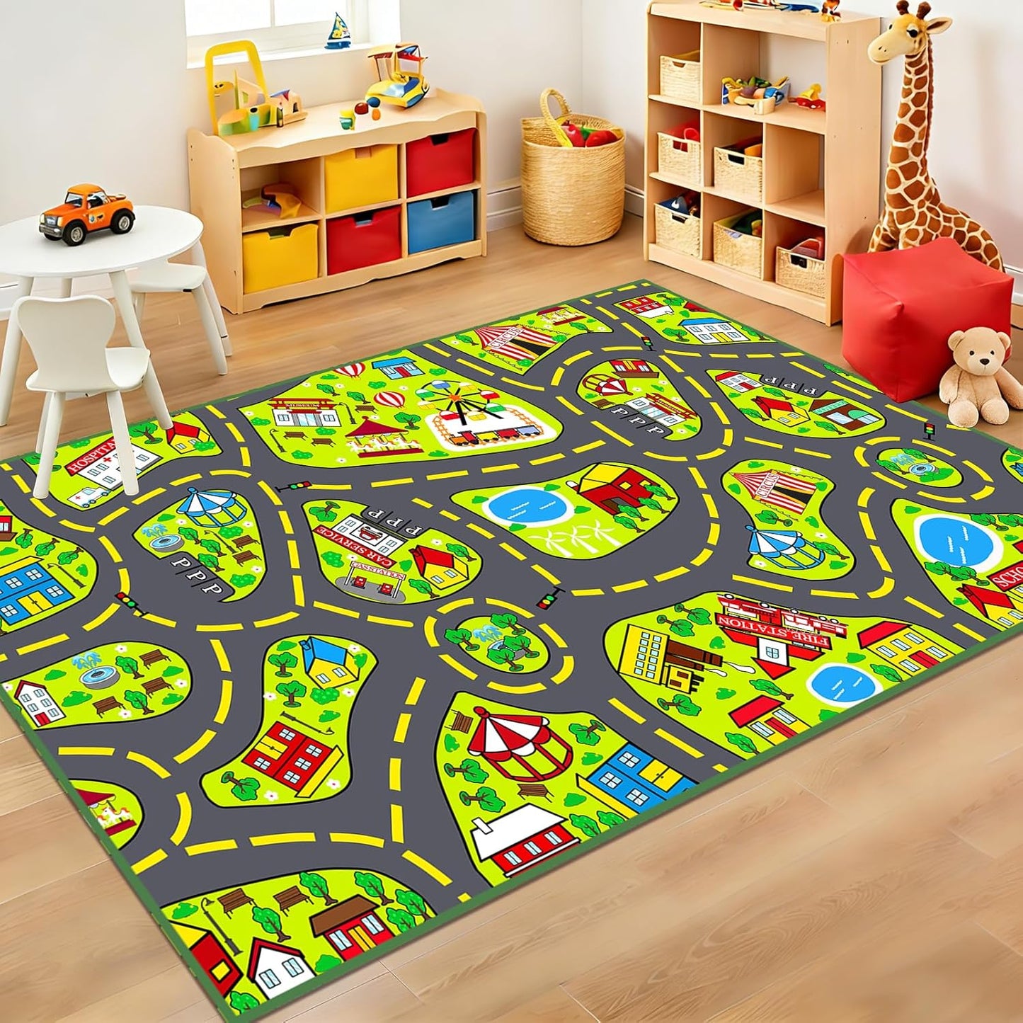 5x7 ft Kids Car Rug - Large Blue Traffic Road Play Mat for Cars, Educational City Play Carpet for Playroom, Nursery & Bedroom Decor