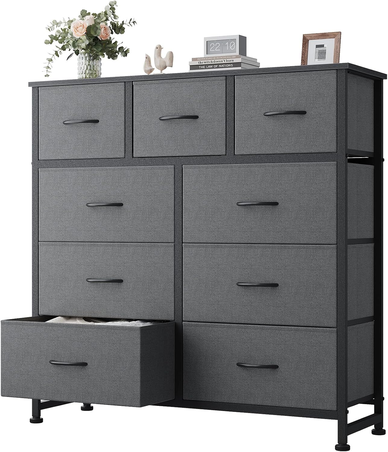 DUMOS Dresser for Bedroom, Storage Organizer with 9 Drawers, Chest of Drawers with Fabric Bins, Sturdy Metal Frame, Wood Tabletop for Guest Room, Closet, Entryway, White