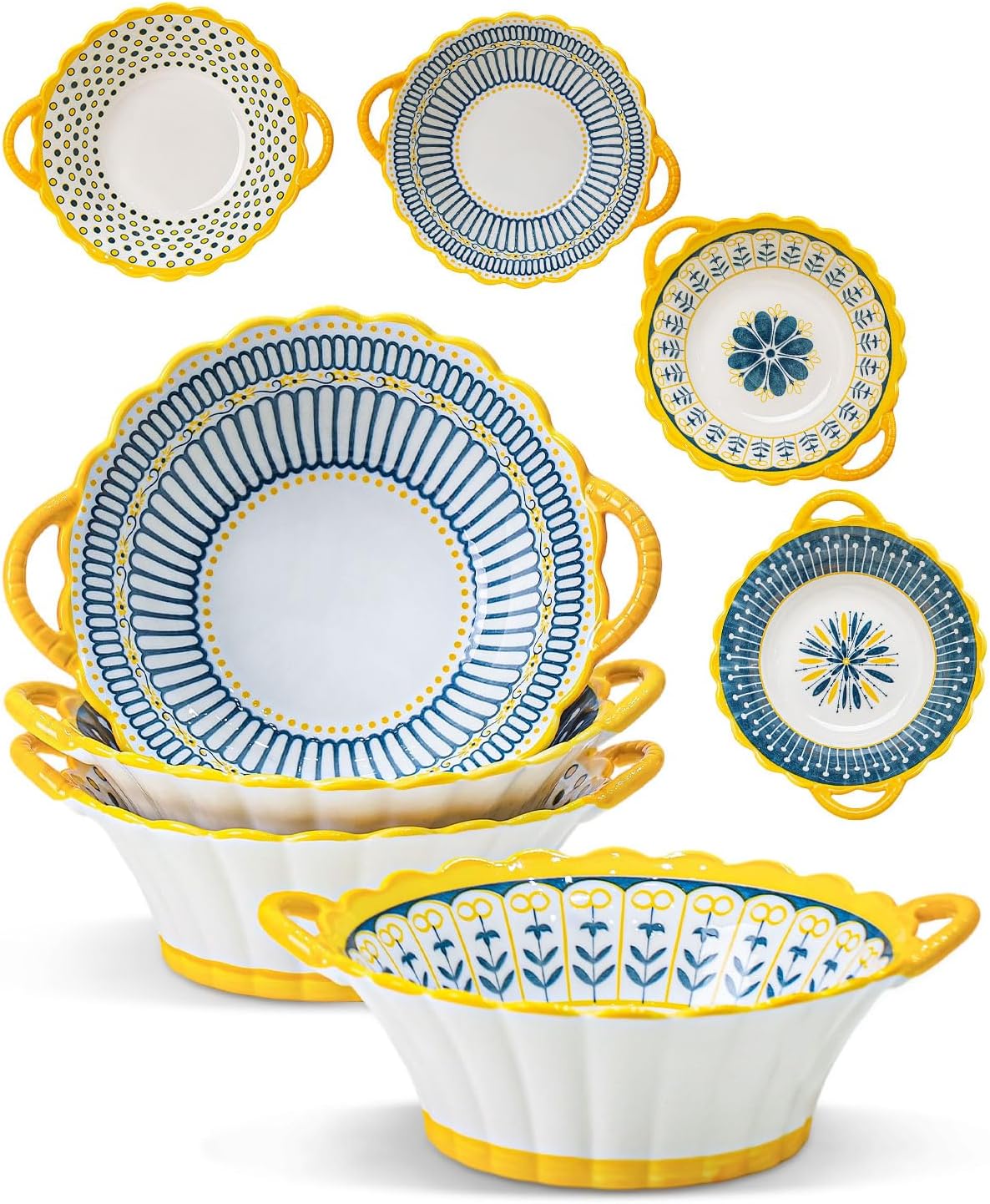 Yeacccng Bohemian Soup Bowls with Handles Set of 4, 20 Oz Indented Grooved Ceramic Bowls, 6.5 Inch French Onion Soup Bowls, Lead-Free, Scratch-Resistant, Oven/Microwave Safe
