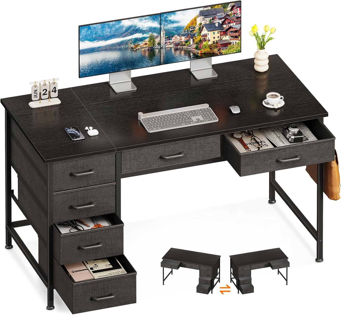 ODK Computer Desk with 6 Drawers, 40 Inch Small Desk with Storage, Reversible Desk with Headphone Hook for Home Office, Work Study Table for Bedroom, White