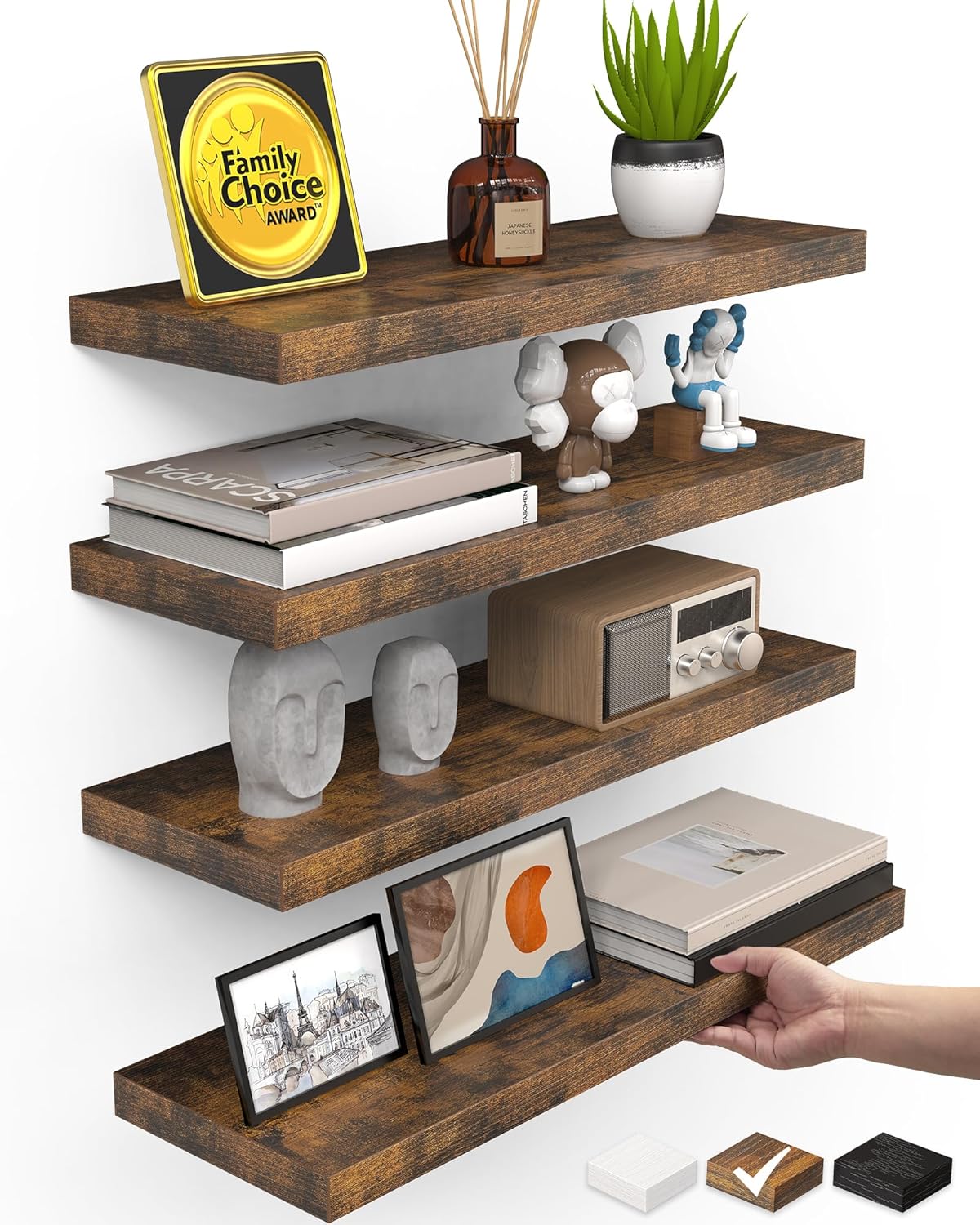 BAYKA Floating Shelves for Wall, Wall Mounted Rustic Wood Shelves for Bathroom, Bedroom, Living Room, Kitchen, Hanging Shelf for Books/Storage/Room Decor with 22lbs Capacity (Black, Set of 3, 15.7in)