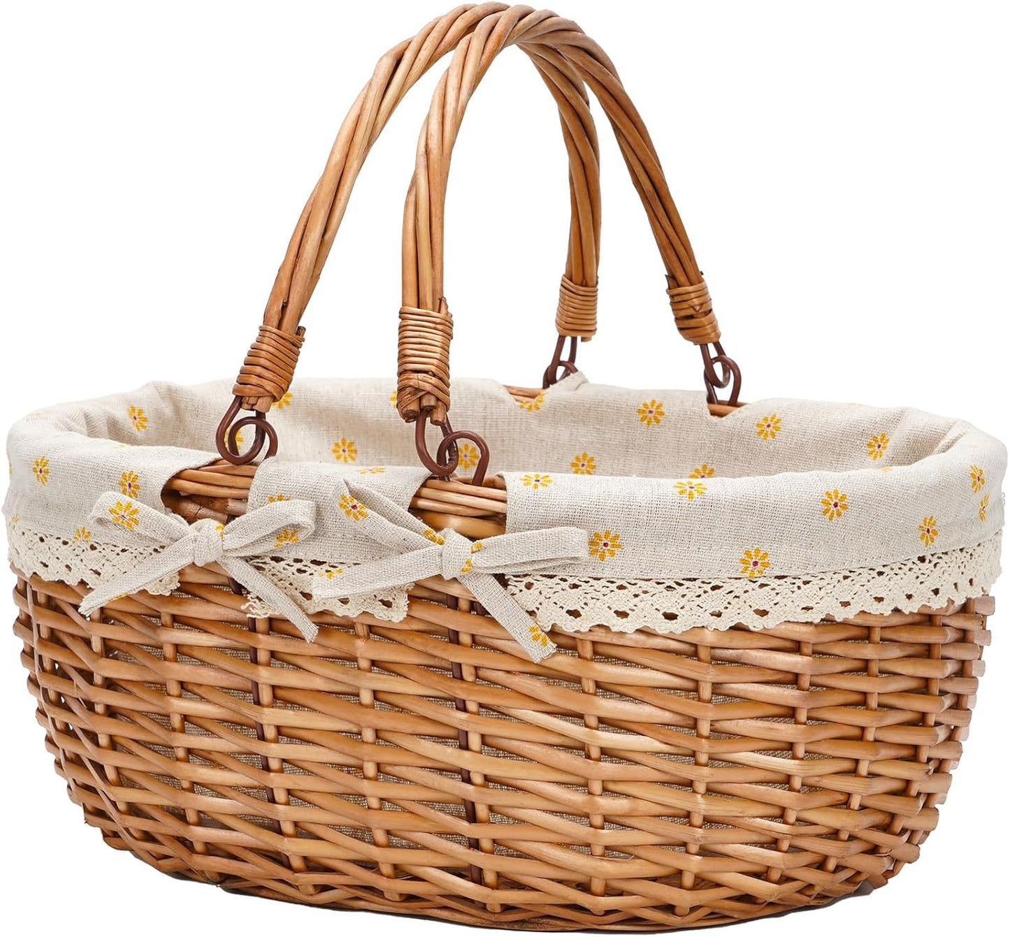 G GOOD GAIN Wicker Picnic Basket with Double Folding Handles,Willow Picnic Hamper,Natural Hand Woven Easter Basket,Easter Eggs and Candy Basket,Bath Storage,Gift Packing Basket.White
