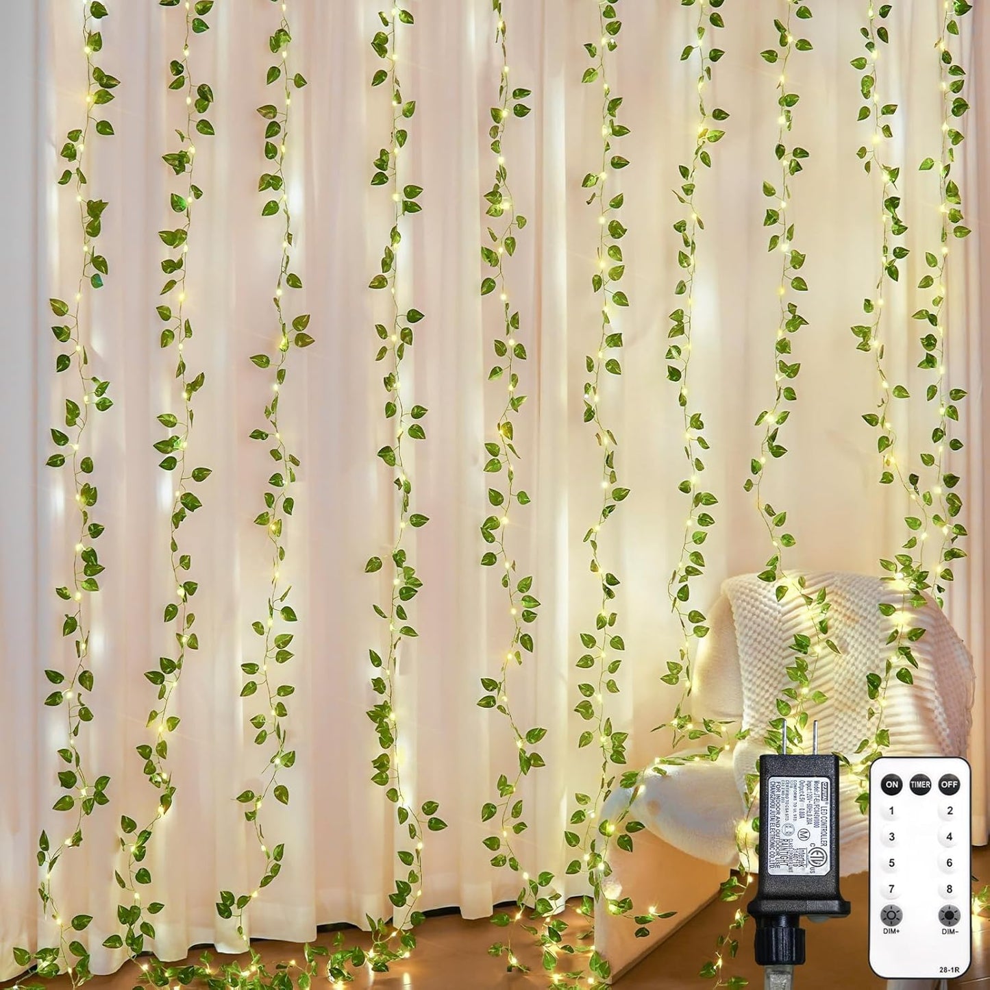 suddus Vines with Light for Bedroom, 200 LED Fairy Lights with Vines, Ivy Curtain Lights for Dorm, Wedding, Party, Wall, Indoor, Outdoor Decor, 6.5ft x 6.5ft