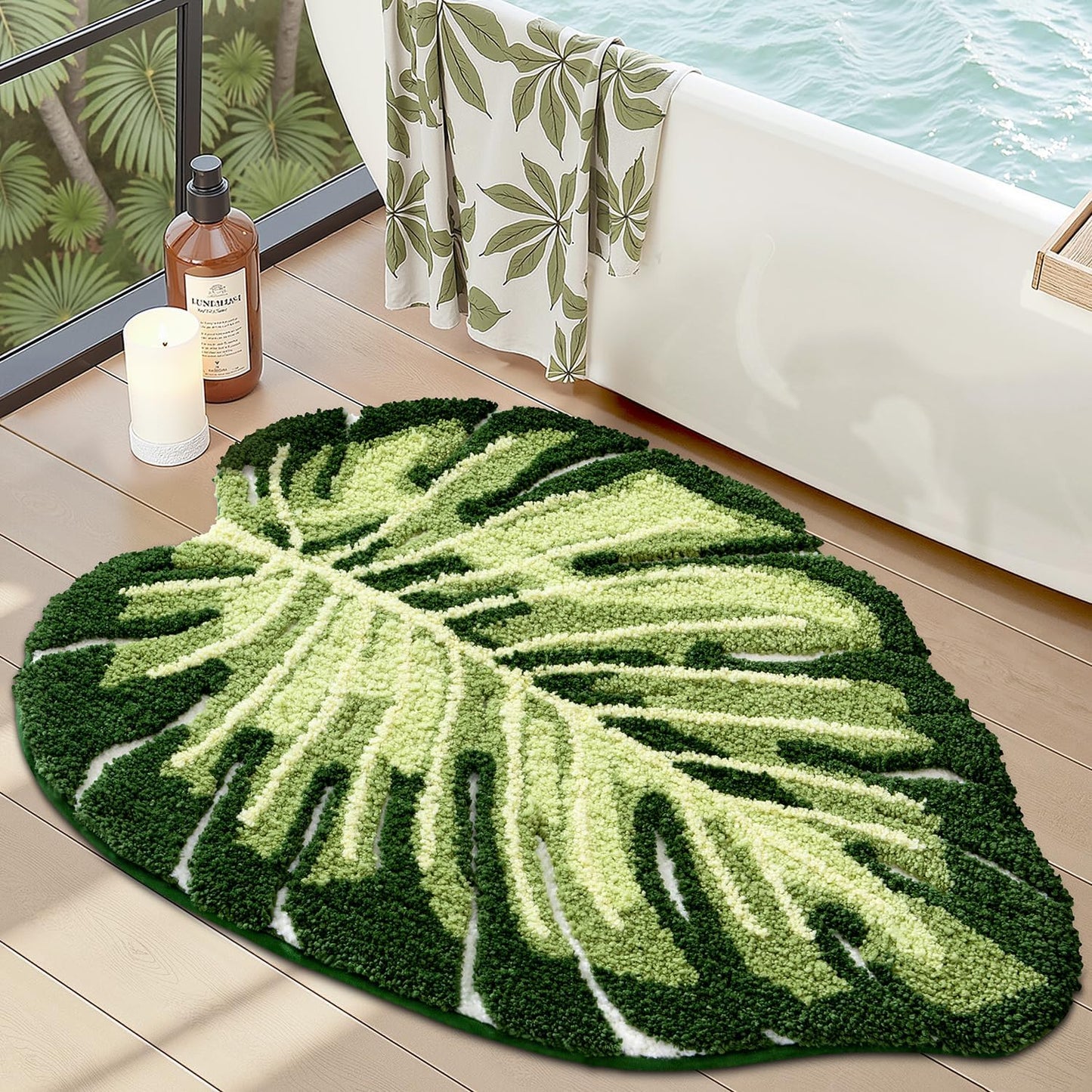 LUMI Cute Bathroom Rugs with Green Leaf Plant, Soft, Fluffy, Plush, Absorbent, Quick Dry, Non Slip, Machine Washable for Shower Floor, Bathroom, Bedroom, Kids Room, 31.5"x47", Monstera