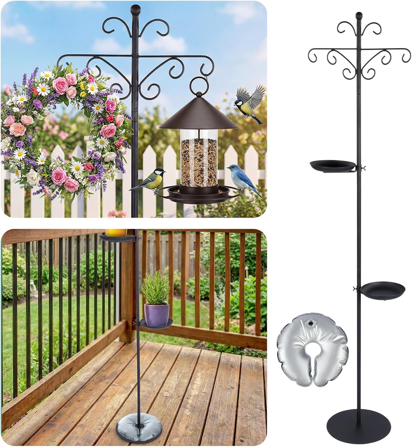 1 Set Upgraded 75.9" Shepherds Hook for Bird Feeder, Hanging Plant Wind Chime Stand, Metal Adjustable Standing Pole Holder for Indoor Outdoor, with 2 Rack & Weight Bag (Classic 2 Hooks)