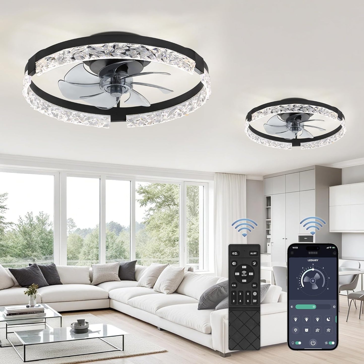 LEDIARY 20 Inch Low Profile Ceiling Fans with Lights and Remote, Fandelier Ceiling Fan Flush Mount, 3000K-6000K Dimmable LED Fan Light, White Modern Ceiling Fans with Lights for Bedroom