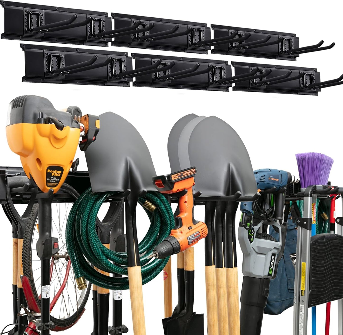 TIDYME Garage Tool Organizer Wall Mount - 48 inches - Sturdy Storage Rack with Adjustable Hooks, Anti-Rust - Easy Installation, 300lbs Capacity - Garden Tool Organizer (03 Racks & 06 Hooks)