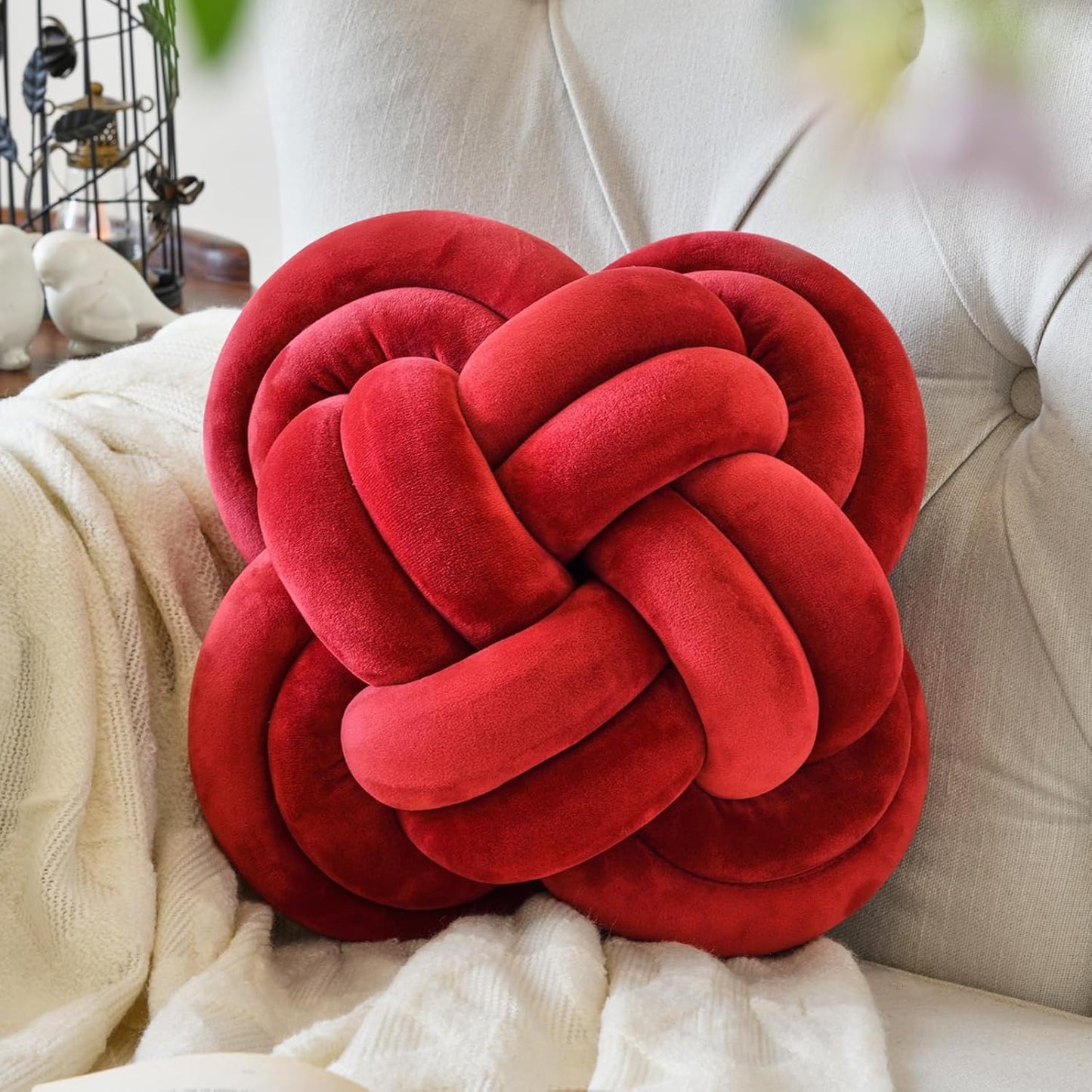 Xuyier Knot Pillow Ball, Decorative Throw Pillows with Velvet Fabric for Couch Bed, 12" Decor Knotted Square Floor Pillow Cushions for Living Room (12 Inches, Beige)