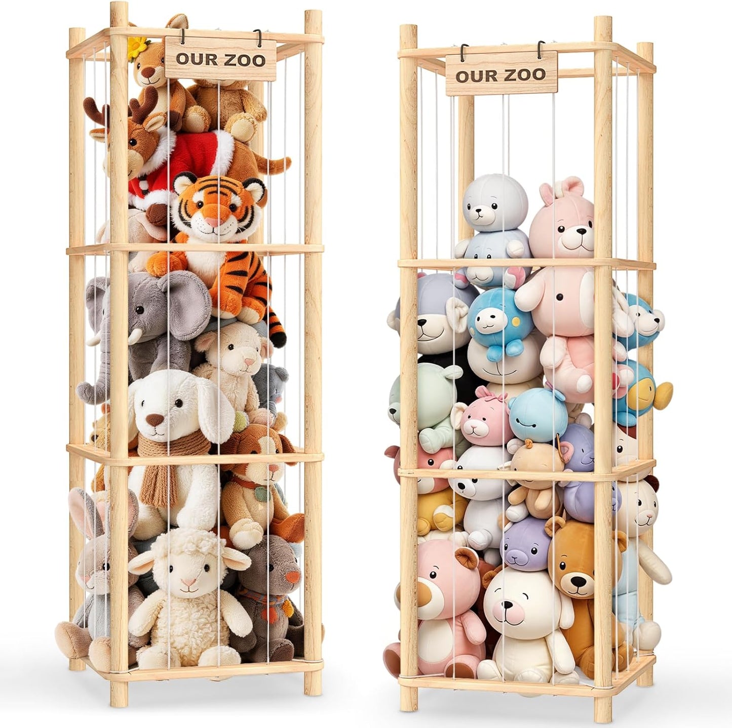 Stuffed Animal Storage & Organizer, Wooden Cute Zoo Toy Holder for Toddler Rooms, Playrooms & Bedrooms