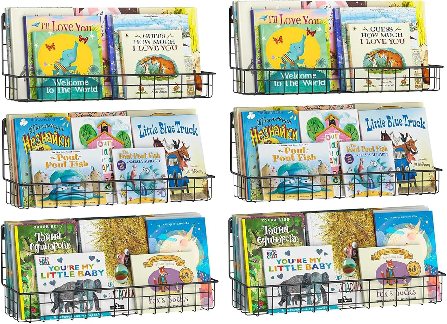 X-cosrack 24 Inch Wall Mounted Kids Bookshelf, Floating Metal Book Shelves for Kids Nursery Toddler Classroom, Hanging Book Shelf Organizer for Room Decor, Black, Set of 4