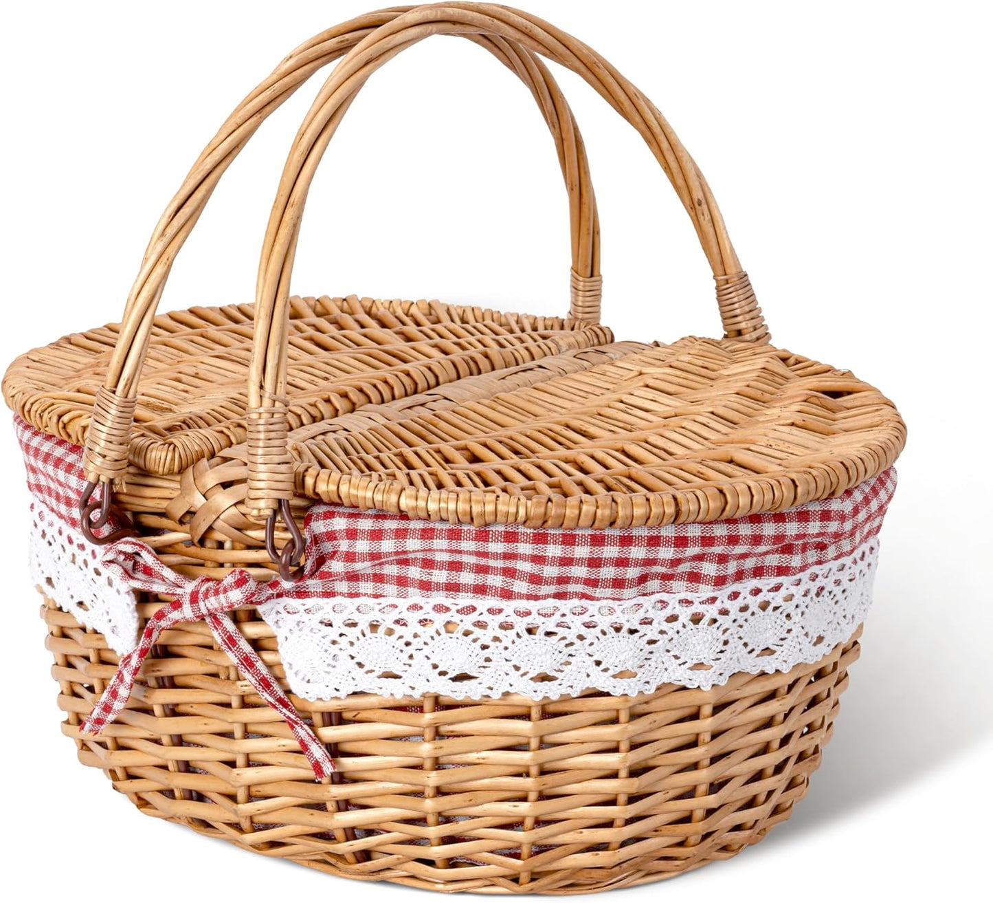 GRANNY SAYS Picnic Basket, Wicker Basket with Lid, Woven Cute Basket with Handle, Storage Basket with Washable Lining & Dual-Flid Lid, Natural Willow Picnic Hamper, White Lining