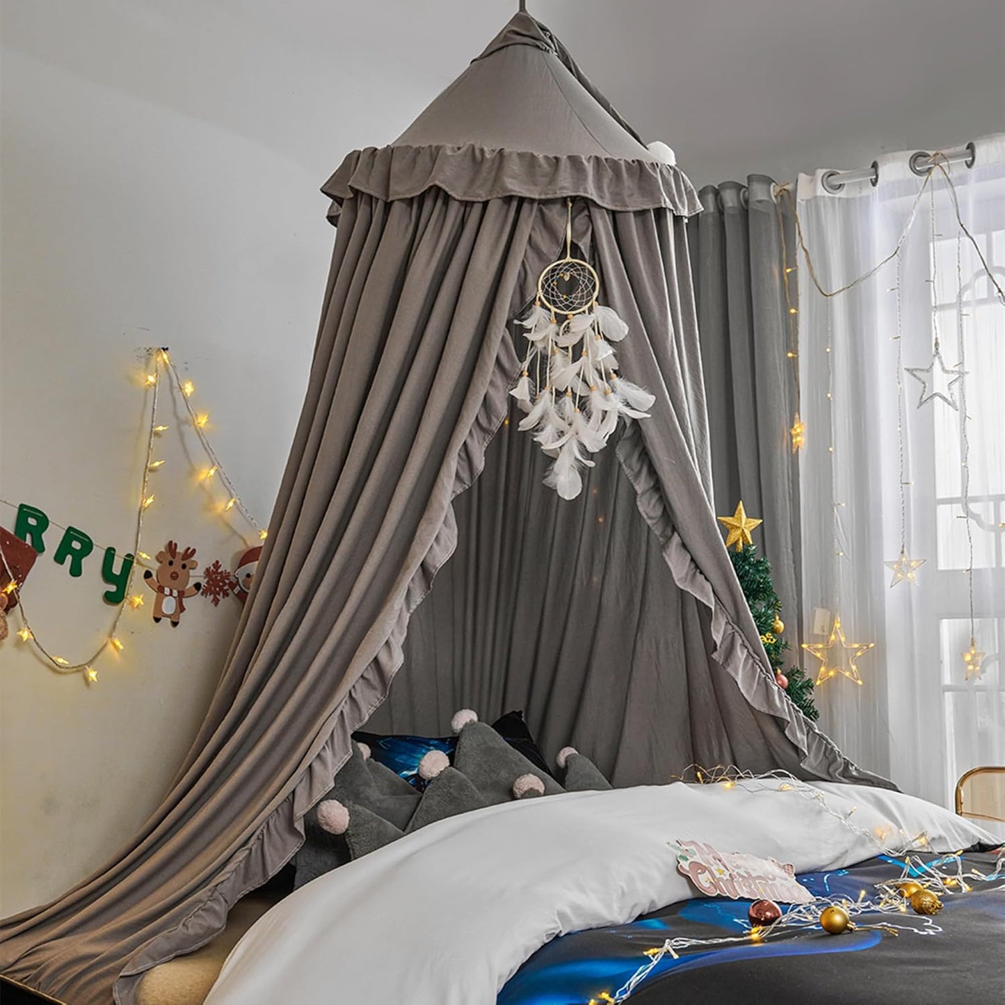 VETHIN Bed Canopy for Girls,Princess Round Dome Dreamy Mosquito Net Bedding Girls Room Castle Play Tent Hanging House Decor Reading Nook Canopies (JujubeRed)