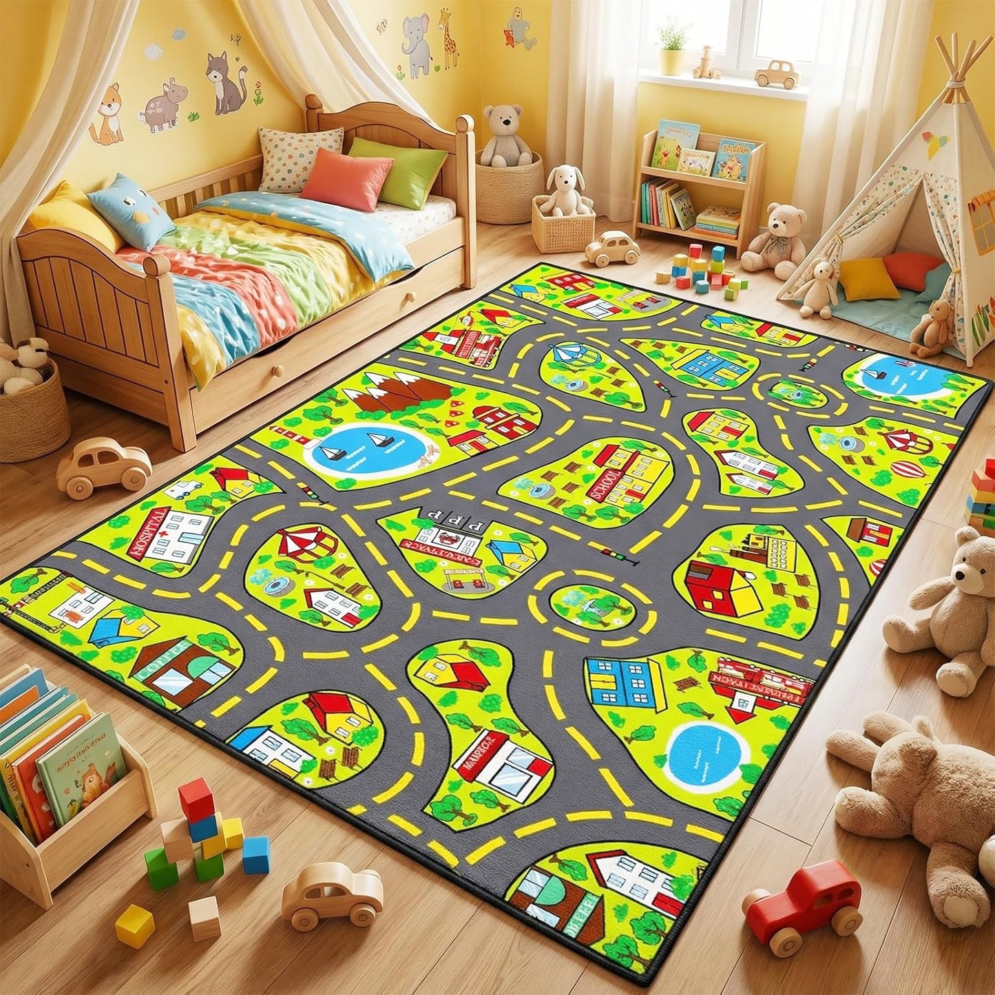 5x7 ft Kids Car Rug - Large Blue Traffic Road Play Mat for Cars, Educational City Play Carpet for Playroom, Nursery & Bedroom Decor