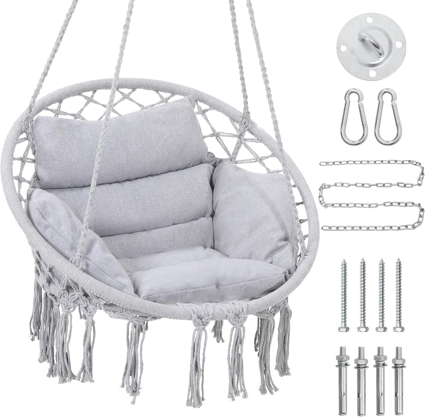 KROFEM Macrame Hammock Hanging Swinging Chair with Medium Cushion, Perfect for Bedroom, Porch, Adults, Balcony, Beige