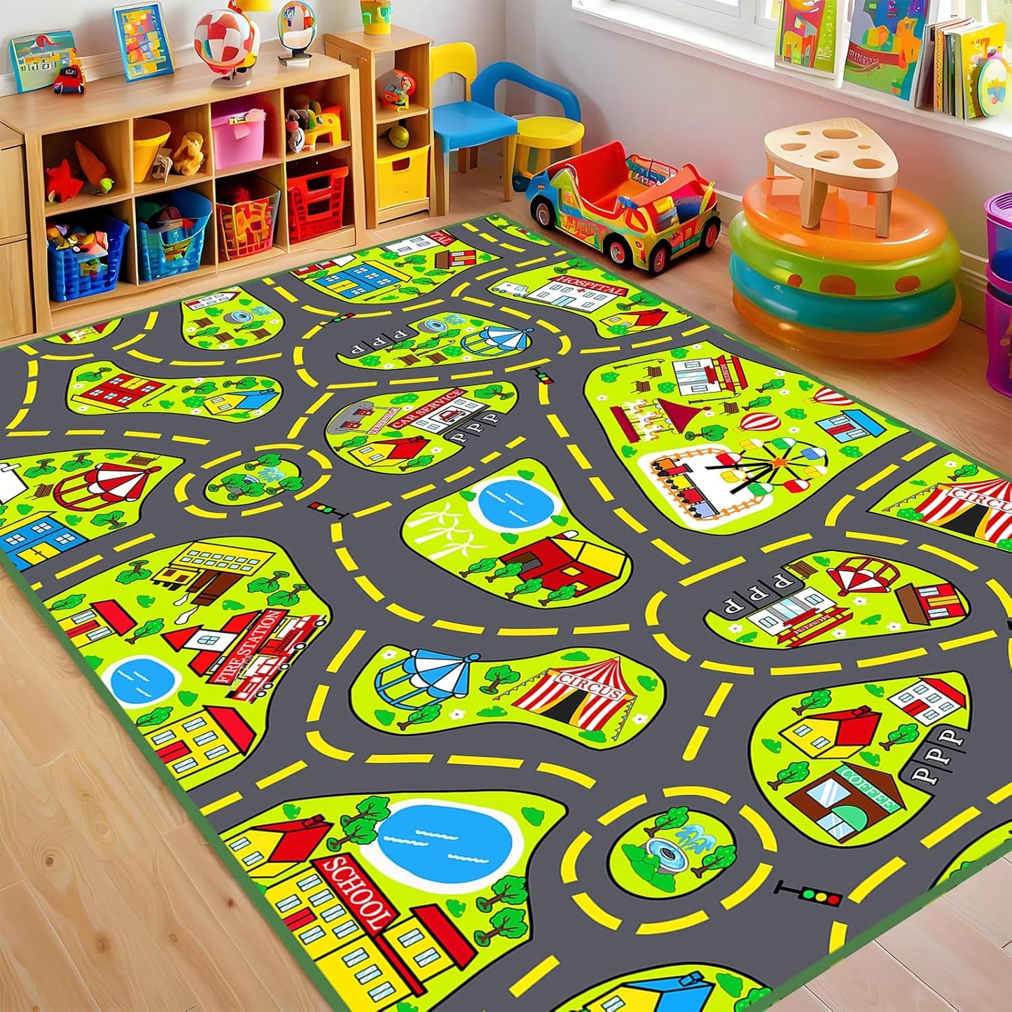 5x7 ft Kids Car Rug - Large Blue Traffic Road Play Mat for Cars, Educational City Play Carpet for Playroom, Nursery & Bedroom Decor
