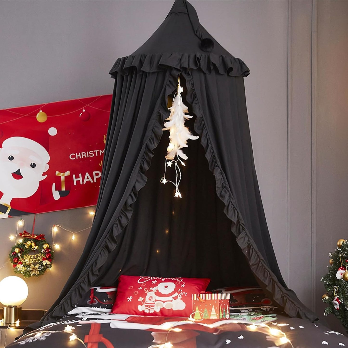 VETHIN Bed Canopy for Girls,Princess Round Dome Dreamy Mosquito Net Bedding Girls Room Castle Play Tent Hanging House Decor Reading Nook Canopies (JujubeRed)