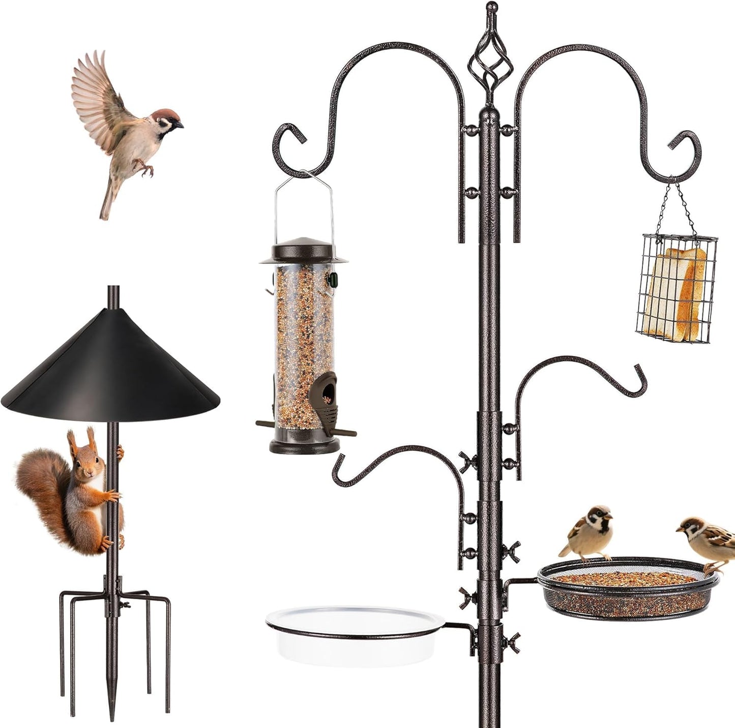 Bird Feeding Station Kit with Squirrel Baffle Bird Feeder Pole with Suet Cage Mesh Tray Fruit Hook Double W Hook for Attracting Wild Birds and Hanging Planter Hanger Lights