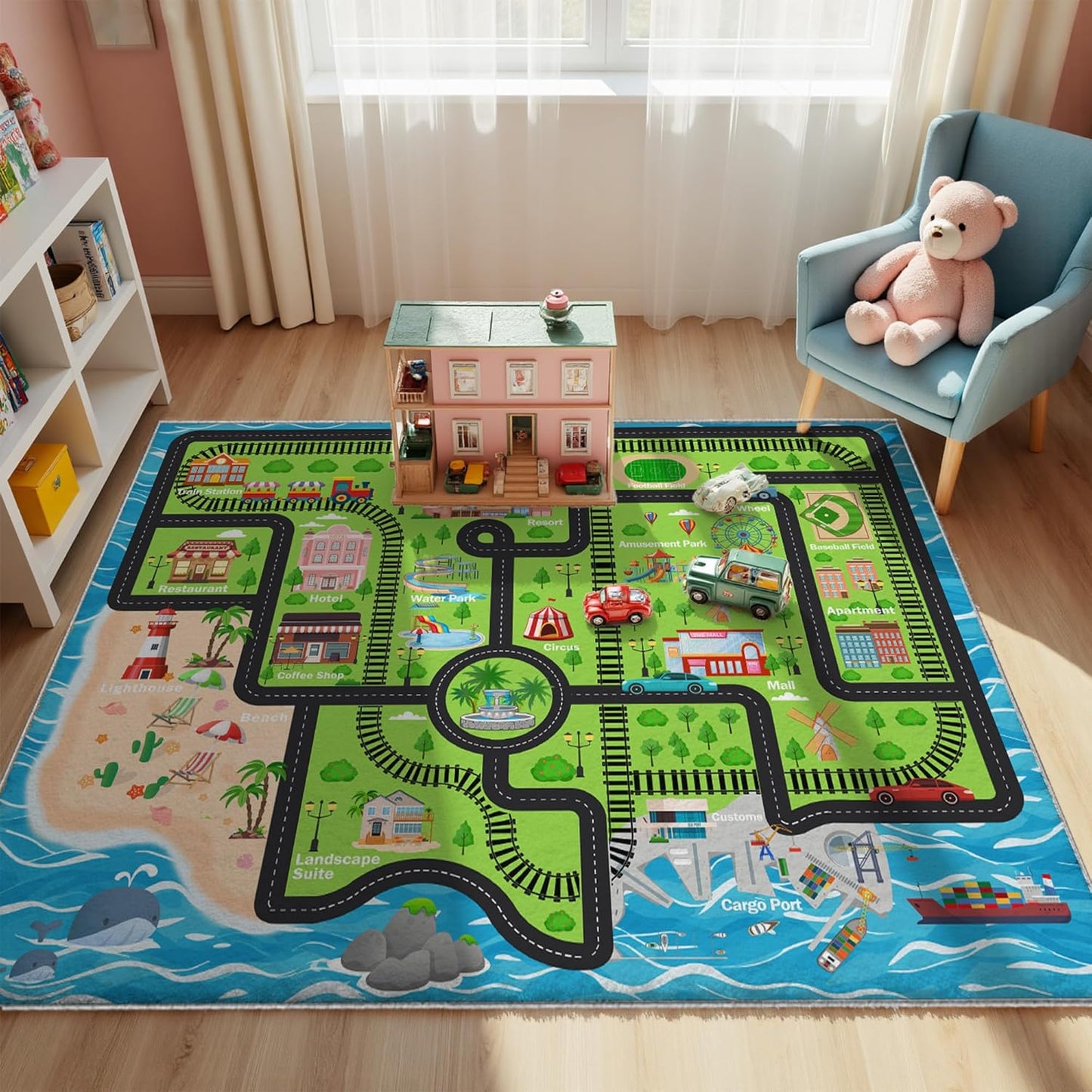 5x7ft Kids Town Road Play Rug - Non-Slip Faux Wool Carpet with Interactive City Map Design, Educational Toy Vehicle Mat for Kids, Bedroom Playroom Nursery Gift.